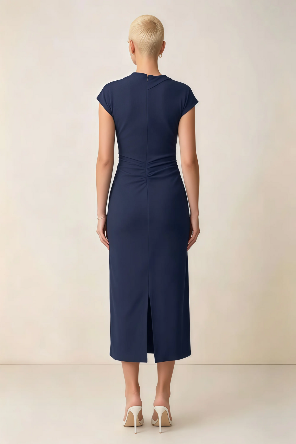 Anita Navy Draped Neck Cap Sleeve Midi Dress