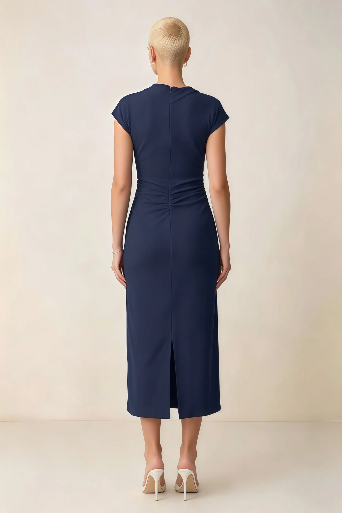 Anita Navy Draped Neck Cap Sleeve Midi Dress