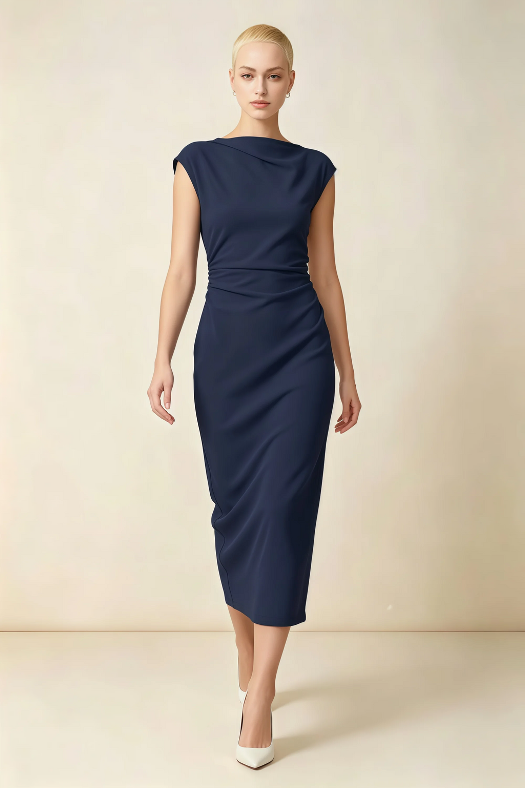 Anita Navy Draped Neck Cap Sleeve Midi Dress