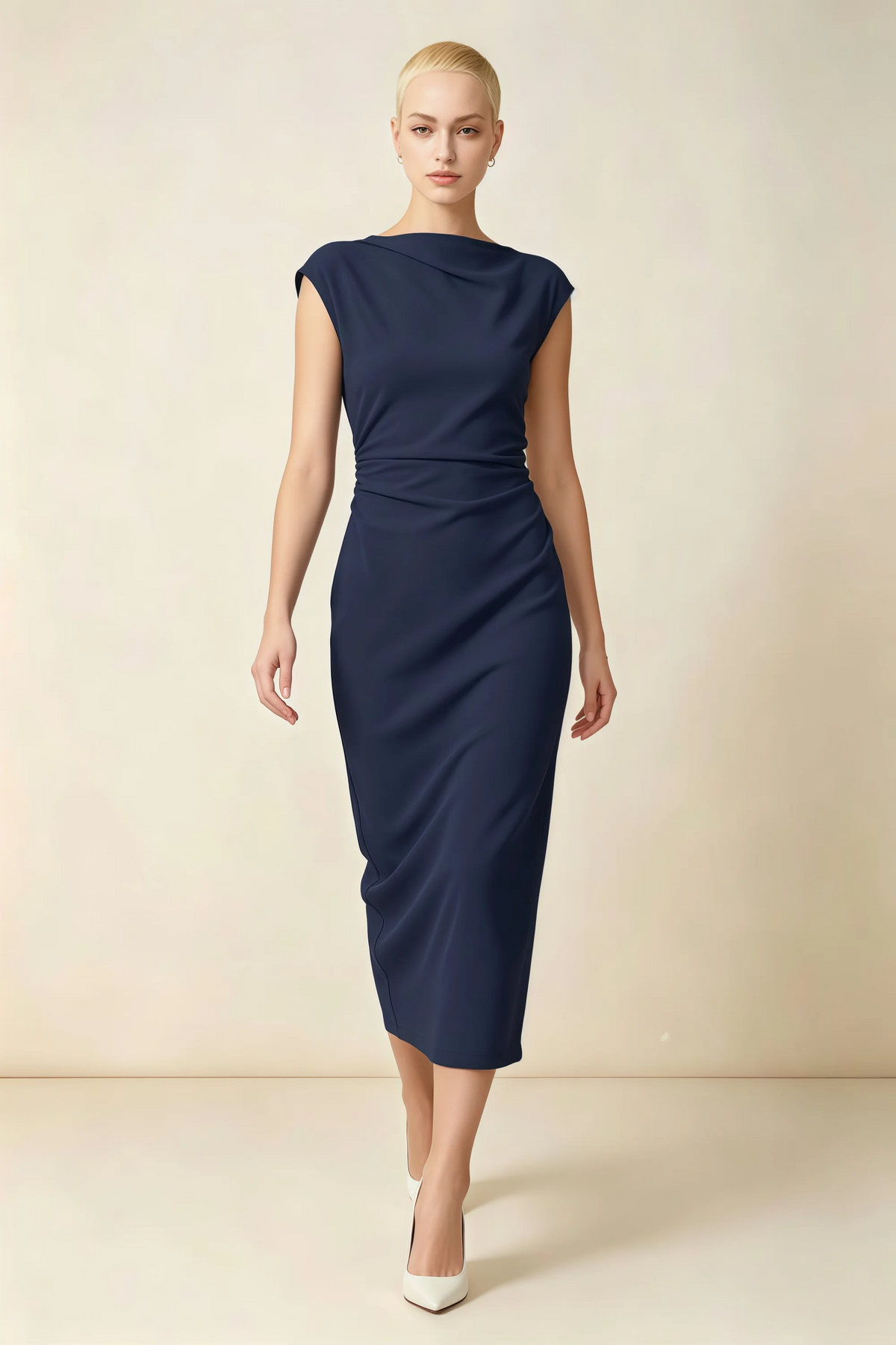 Anita Navy Draped Neck Cap Sleeve Midi Dress