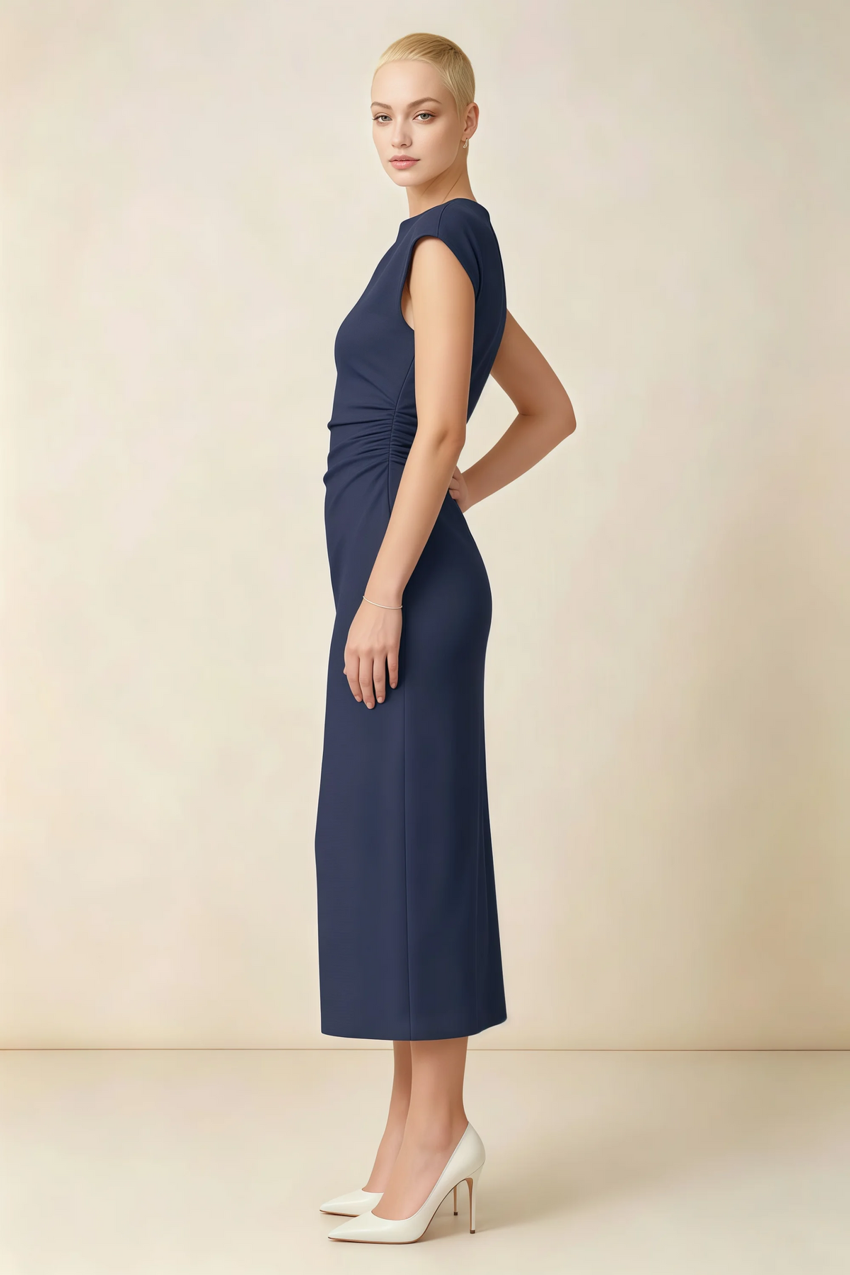 Anita Navy Draped Neck Cap Sleeve Midi Dress