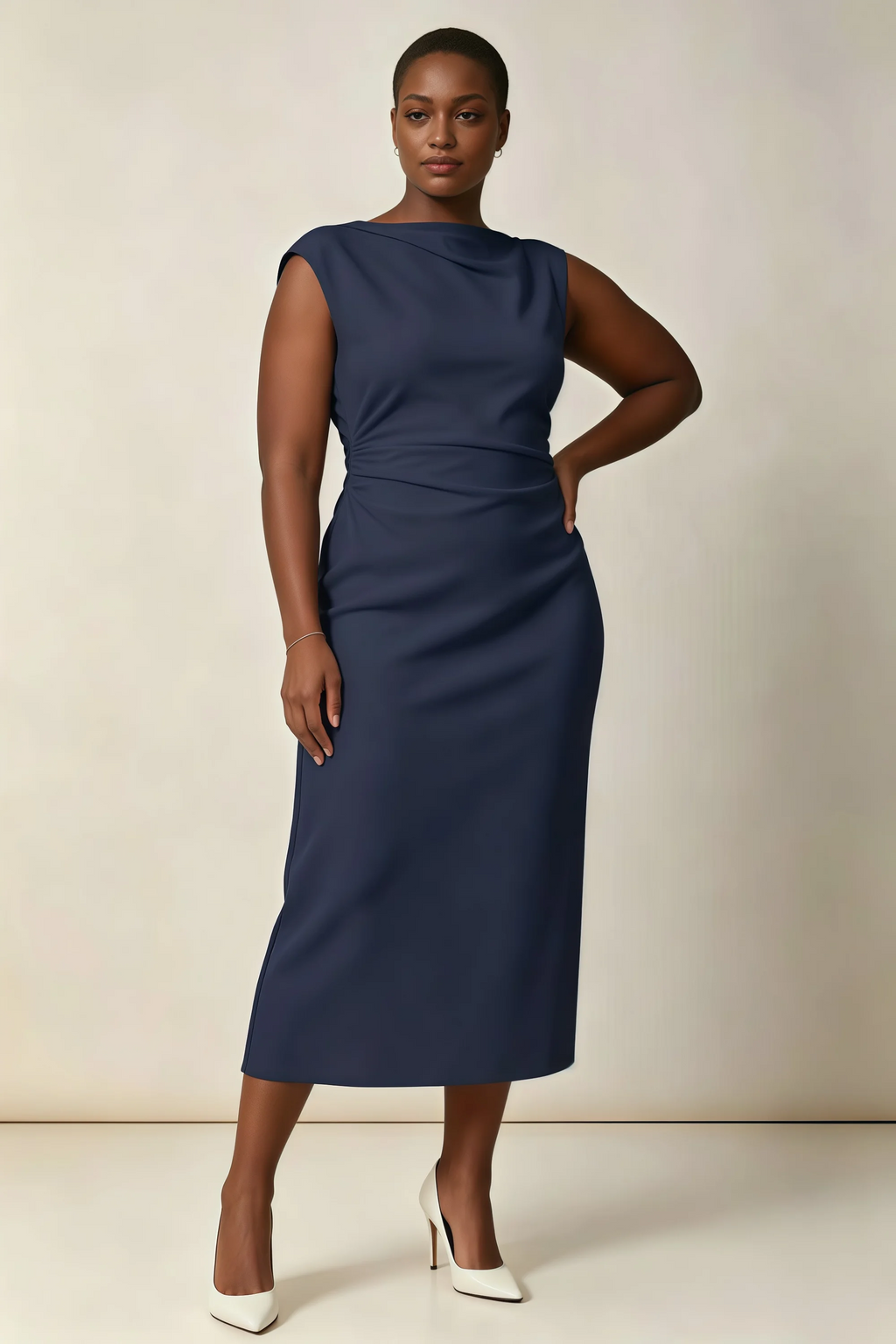Anita Navy Draped Neck Cap Sleeve Midi Dress