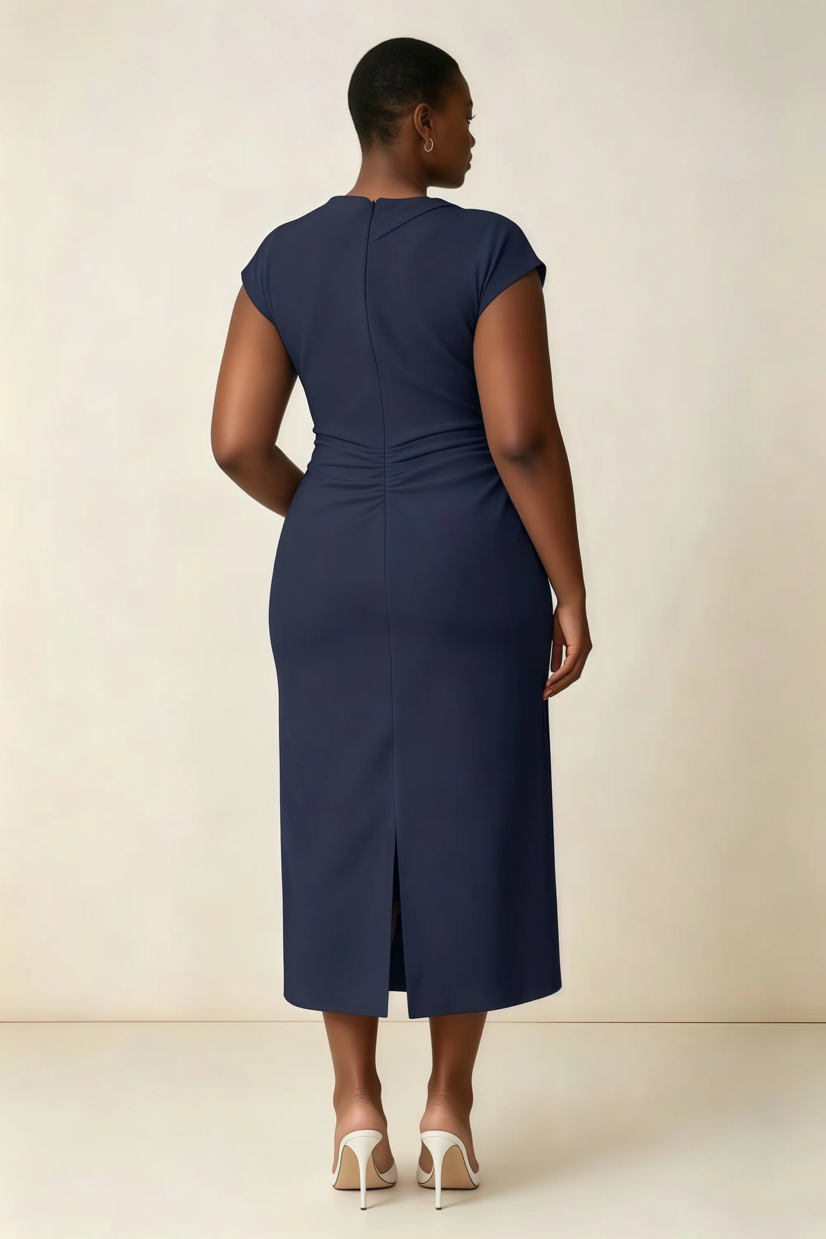 Anita Navy Draped Neck Cap Sleeve Midi Dress