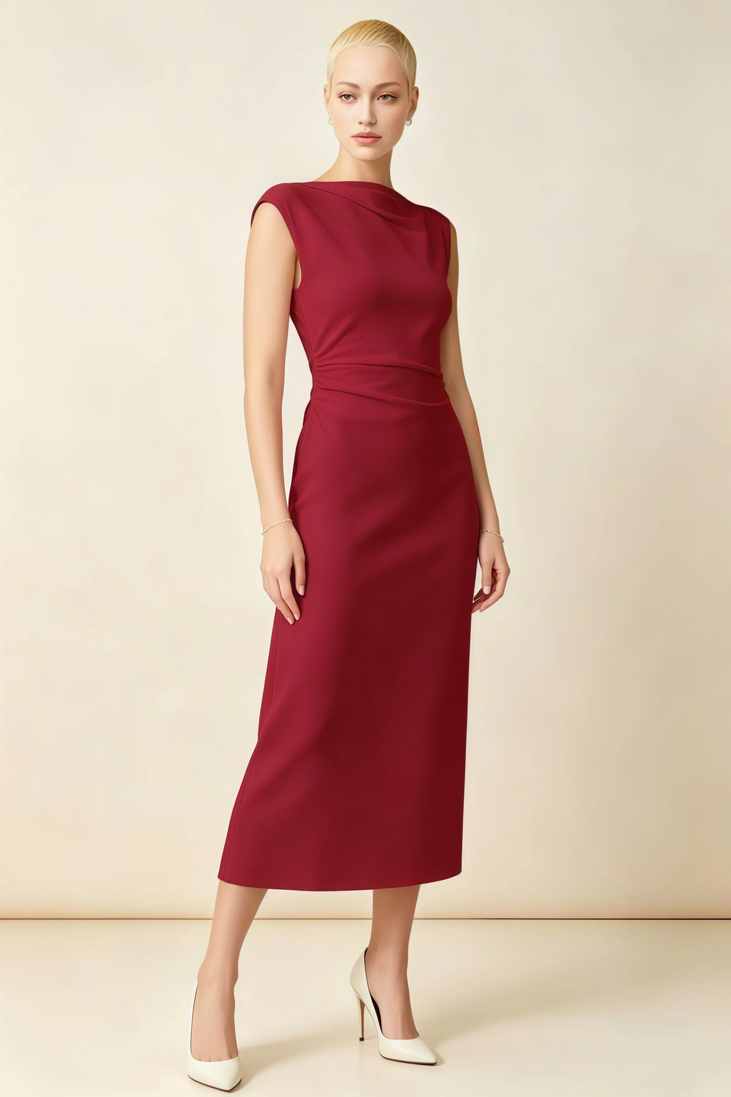 Anita Red Draped Neck Cap Sleeve Midi Dress