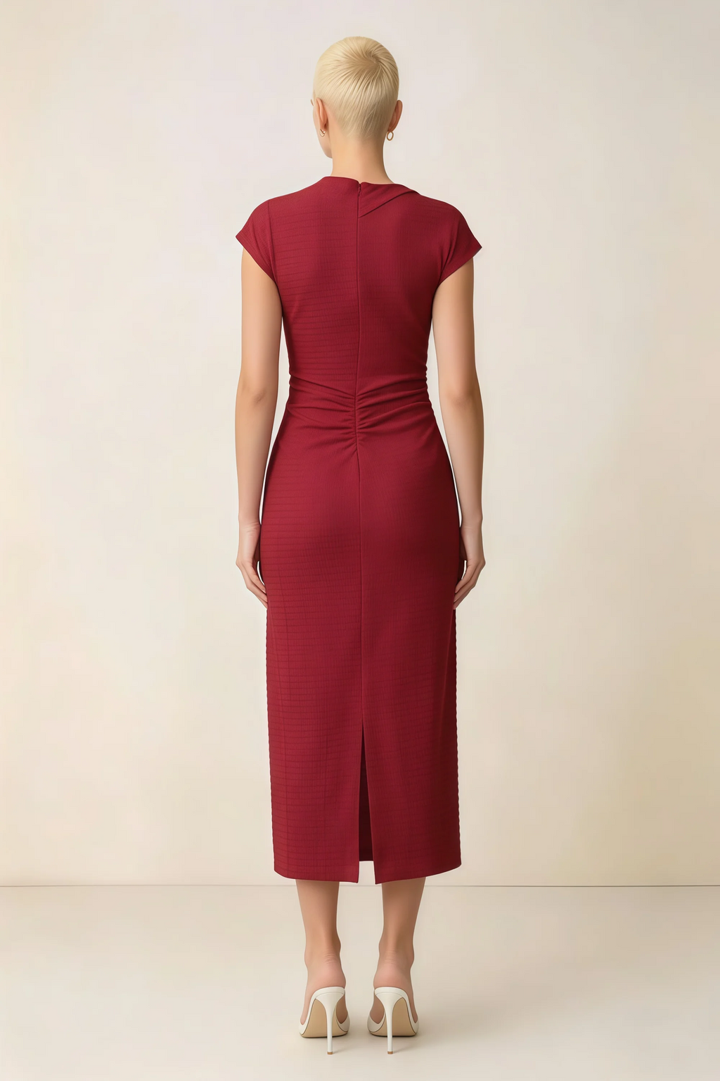 Anita Red Draped Neck Cap Sleeve Midi Dress