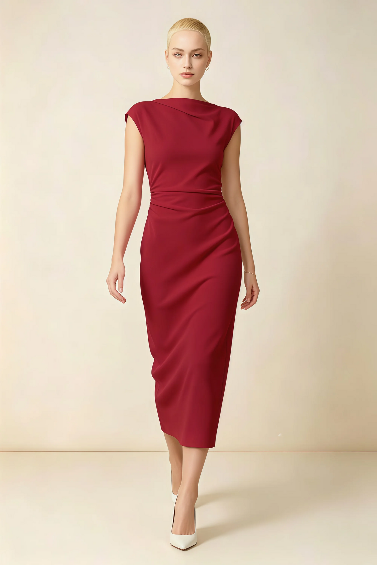 Anita Red Draped Neck Cap Sleeve Midi Dress