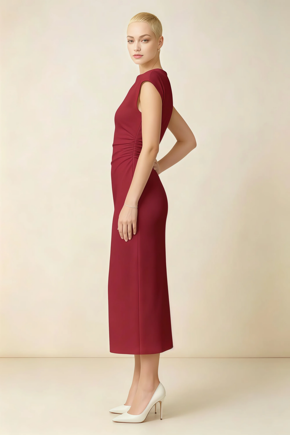Anita Red Draped Neck Cap Sleeve Midi Dress