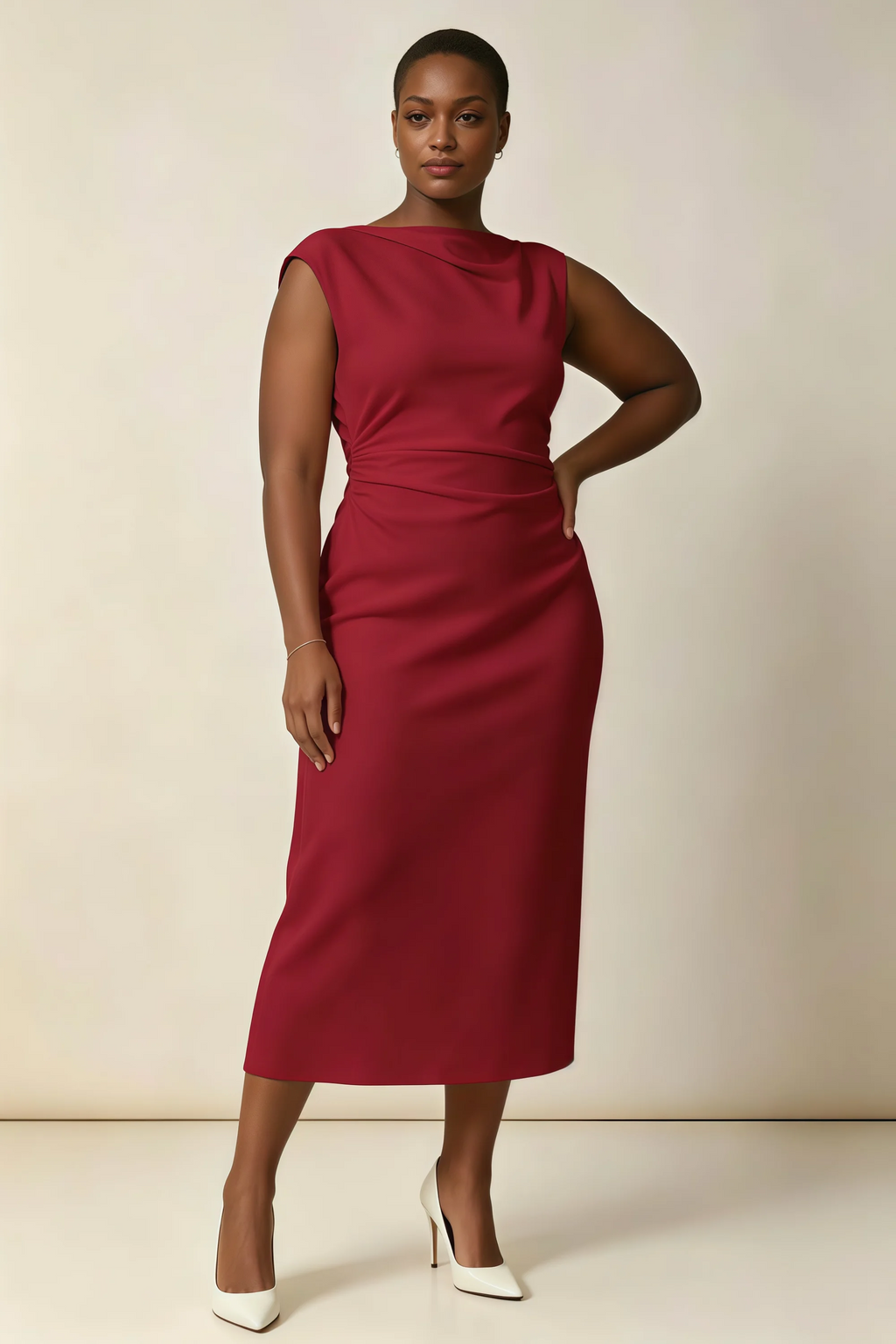 Anita Red Draped Neck Cap Sleeve Midi Dress