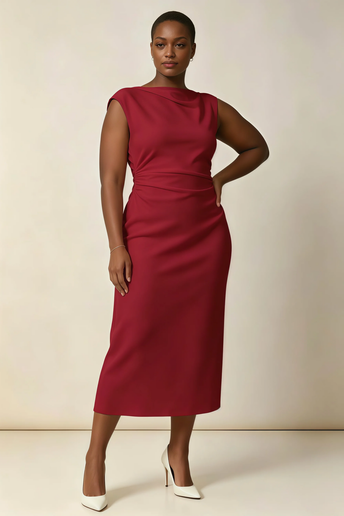 Anita Red Draped Neck Cap Sleeve Midi Dress