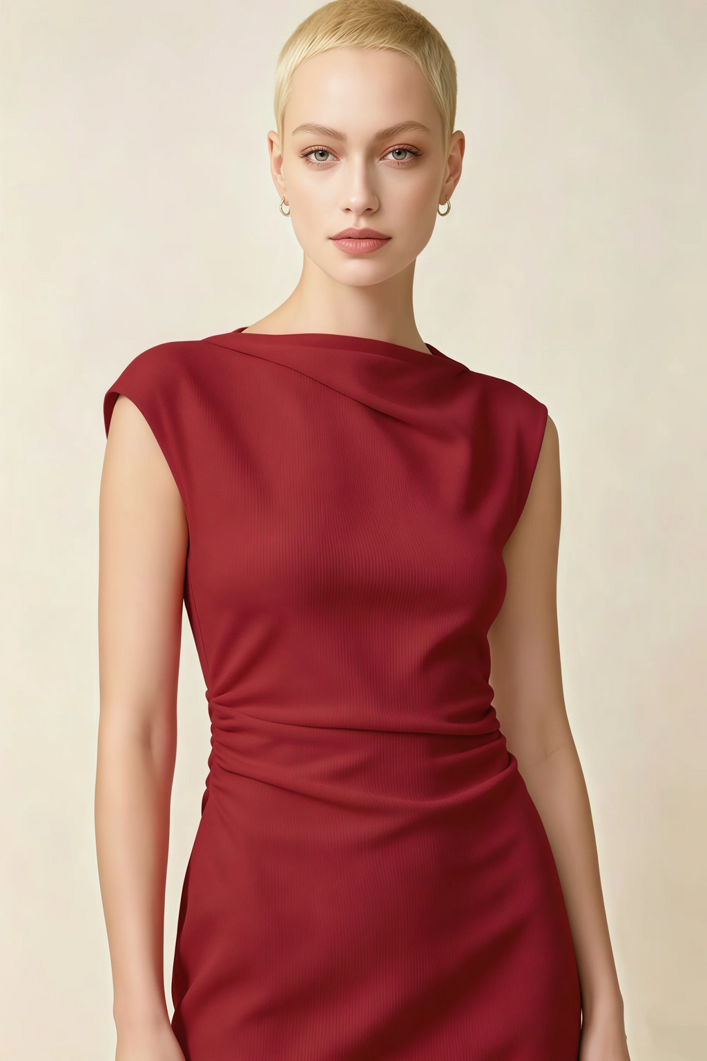 Anita Red Draped Neck Cap Sleeve Midi Dress