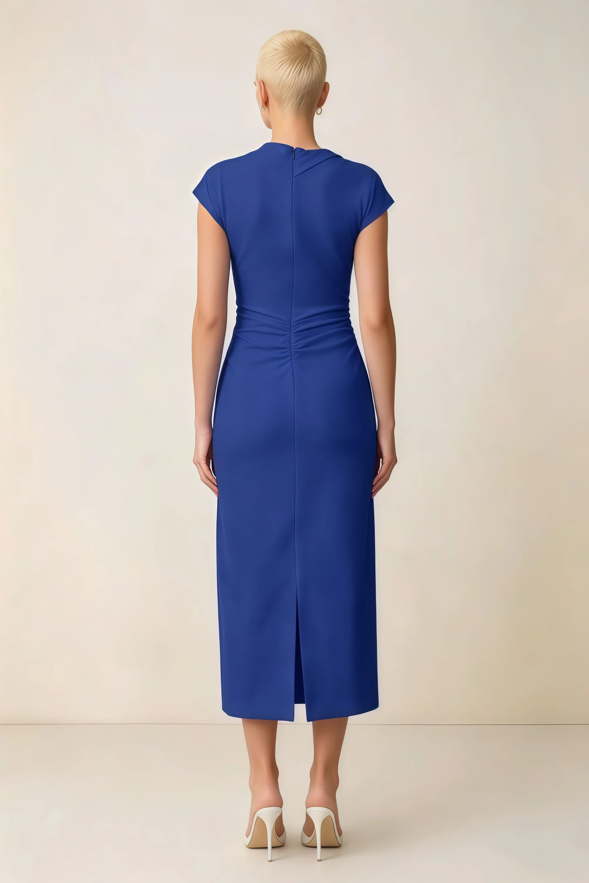 Anita Royal Blue Draped Neck Cap Sleeve Midi Dress Secondary image