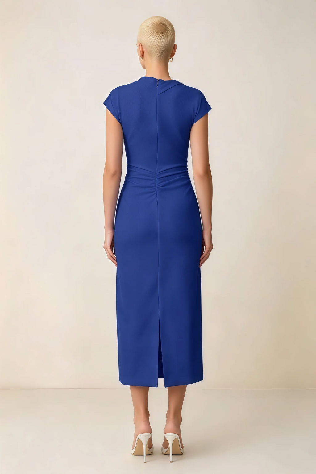 Anita Royal Blue Draped Neck Cap Sleeve Midi Dress