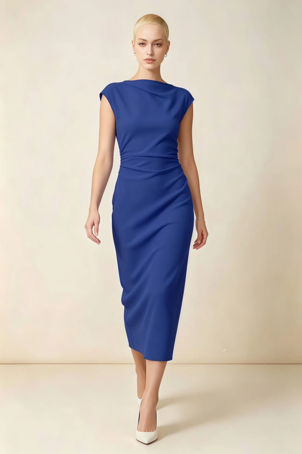 Anita Royal Blue Draped Neck Cap Sleeve Midi Dress