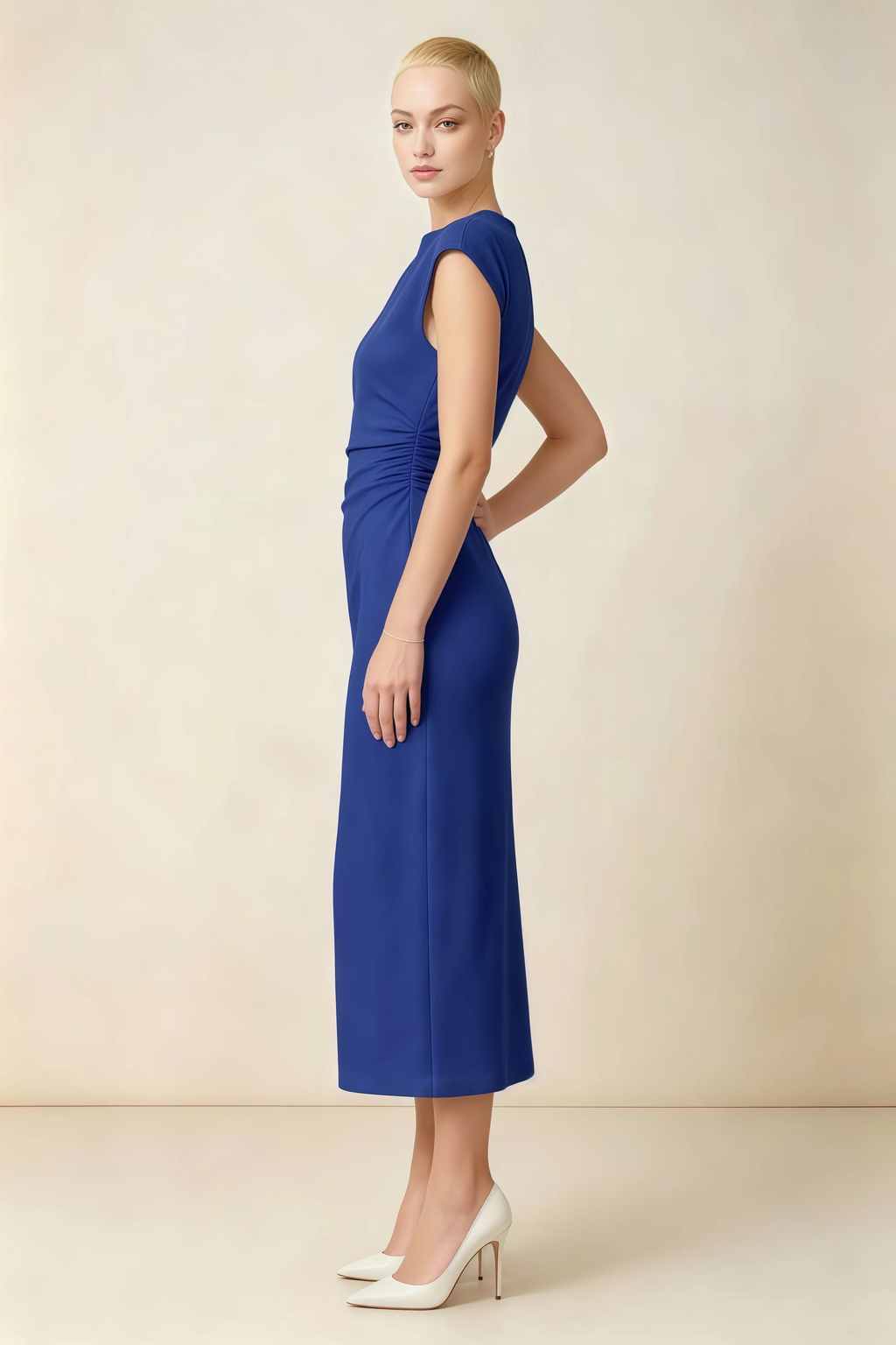 Anita Royal Blue Draped Neck Cap Sleeve Midi Dress