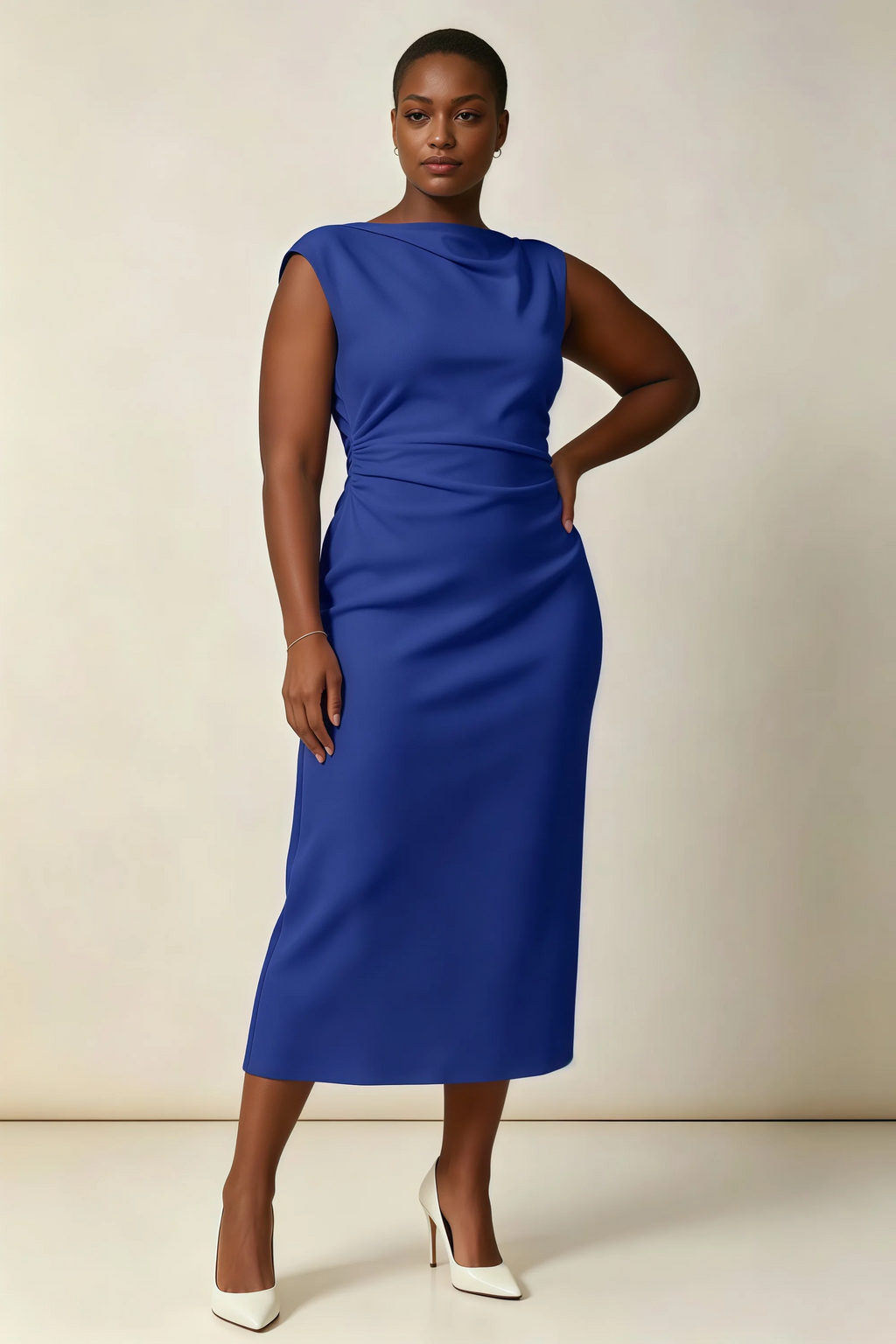 Anita Royal Blue Draped Neck Cap Sleeve Midi Dress