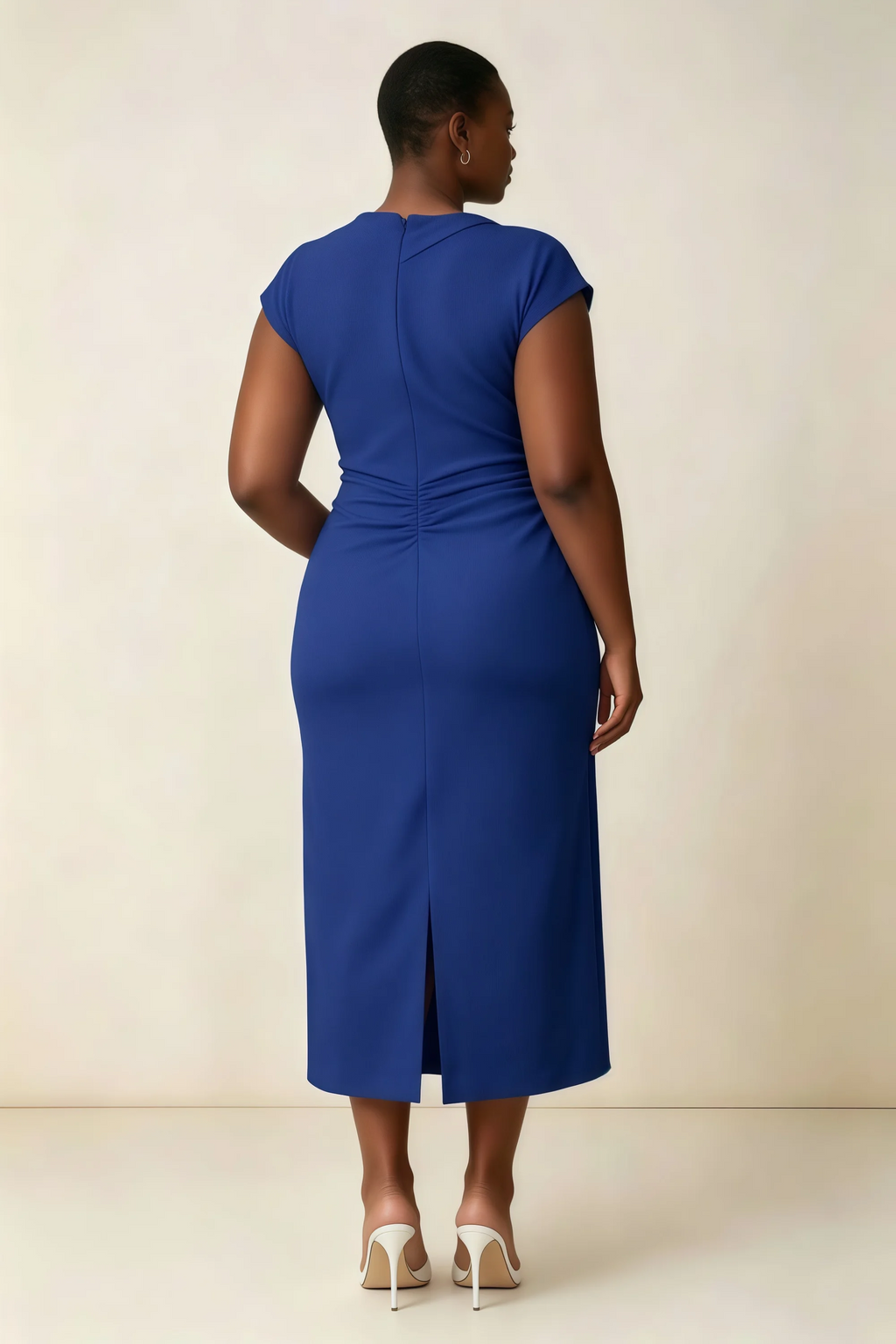Anita Royal Blue Draped Neck Cap Sleeve Midi Dress