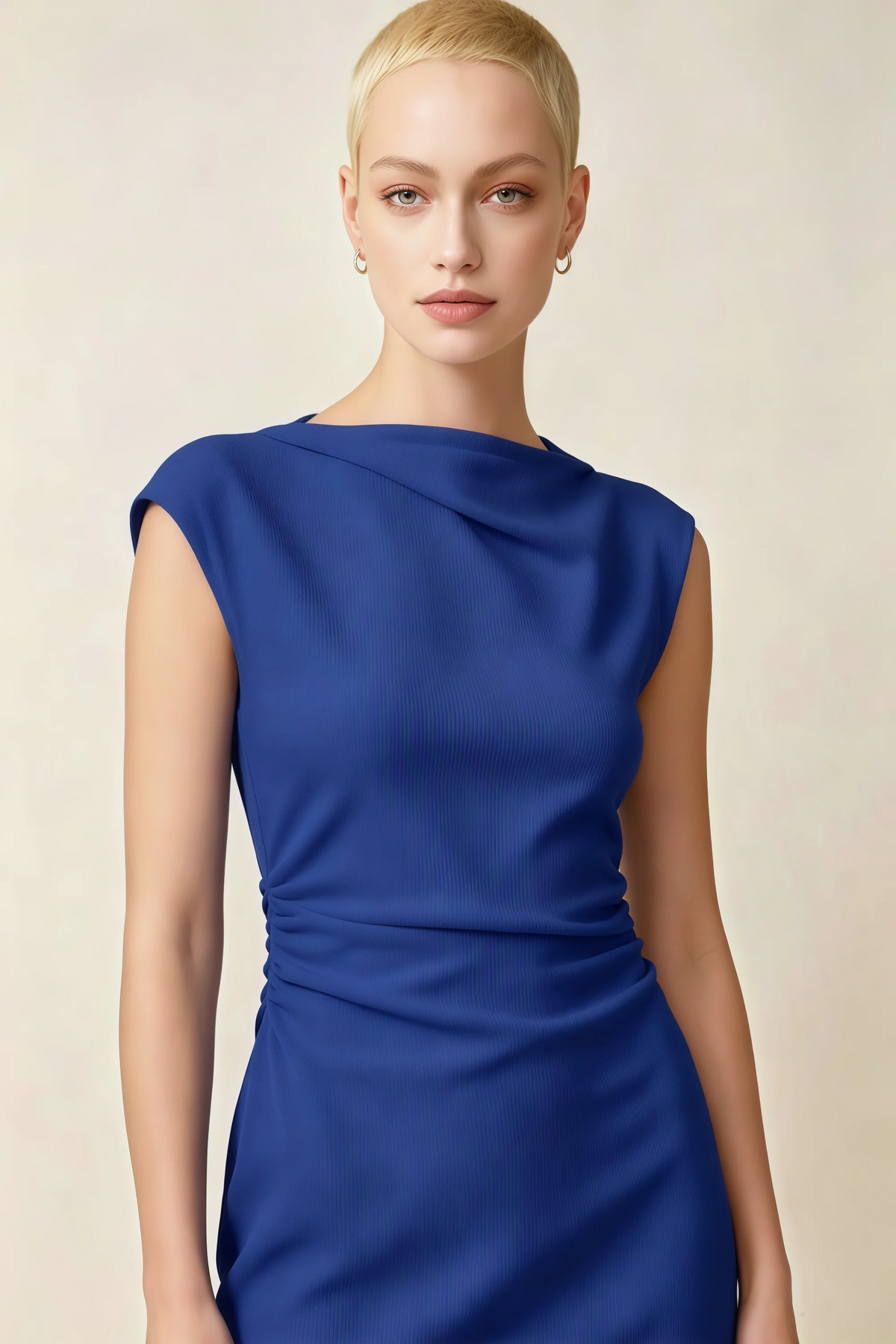 Anita Royal Blue Draped Neck Cap Sleeve Midi Dress