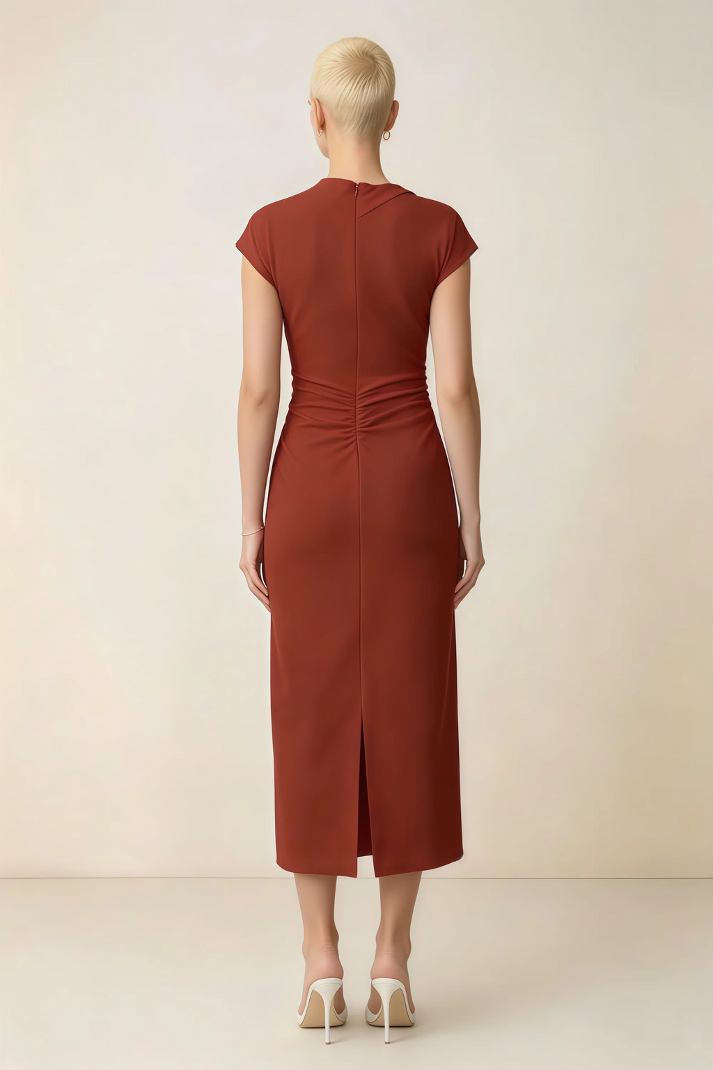 Anita Rust Draped Neck Cap Sleeve Midi Dress