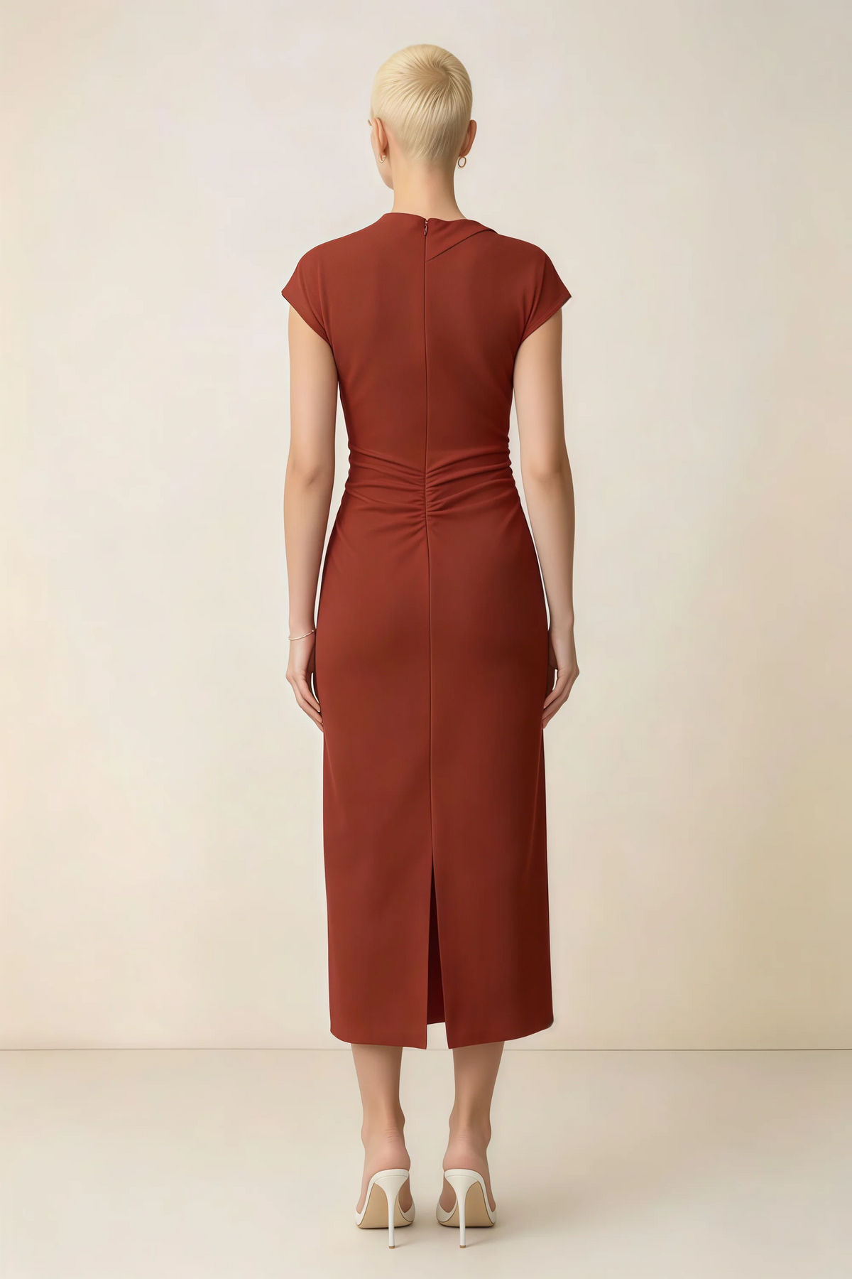 Anita Rust Draped Neck Cap Sleeve Midi Dress