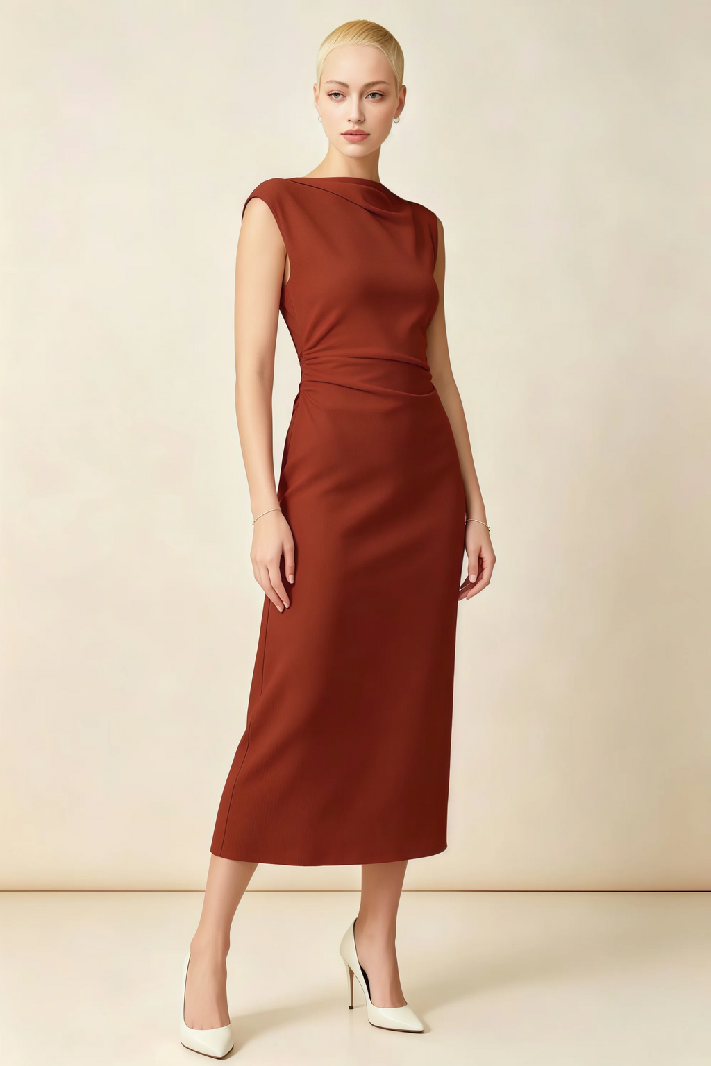 Anita Rust Draped Neck Cap Sleeve Midi Dress