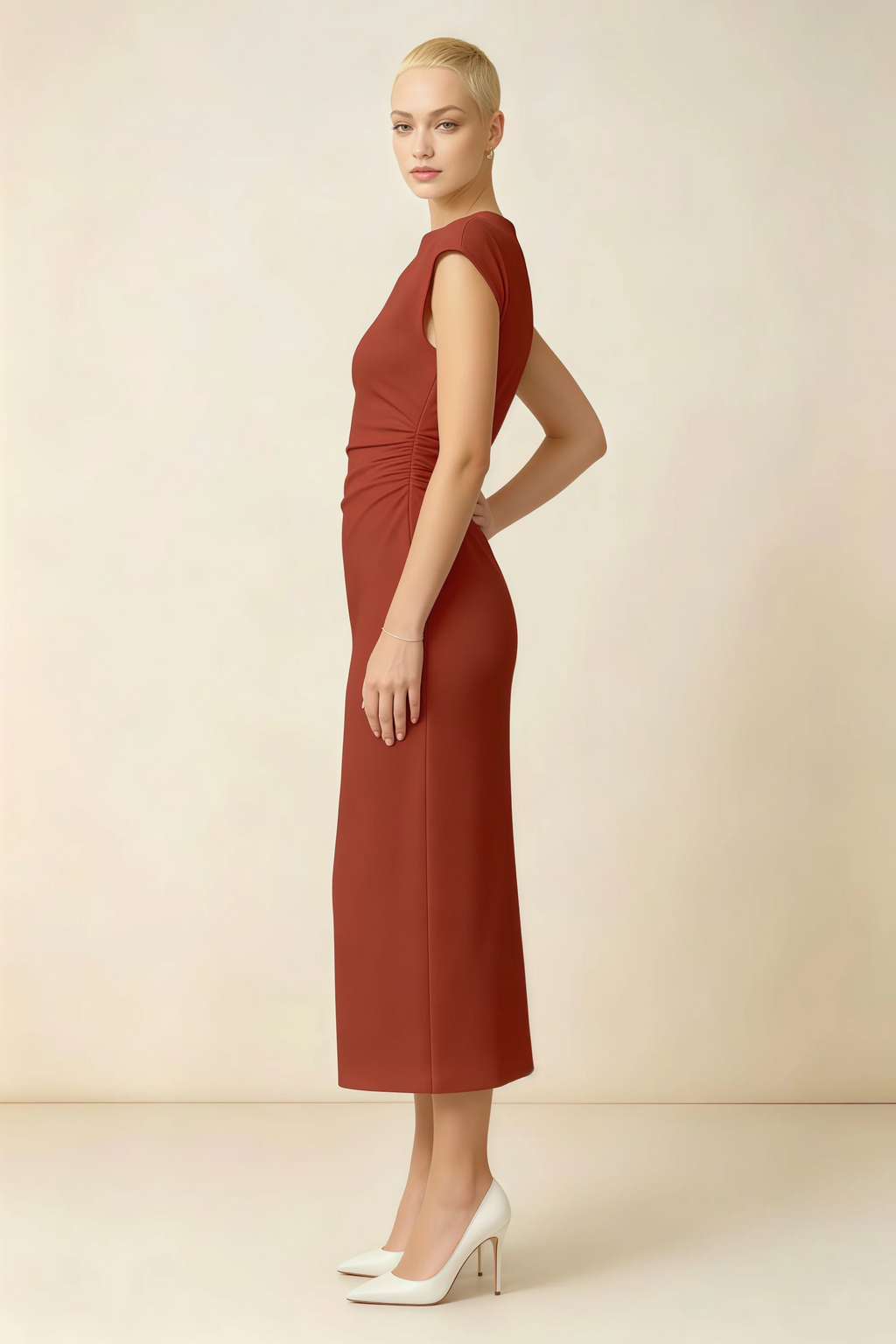 Anita Rust Draped Neck Cap Sleeve Midi Dress