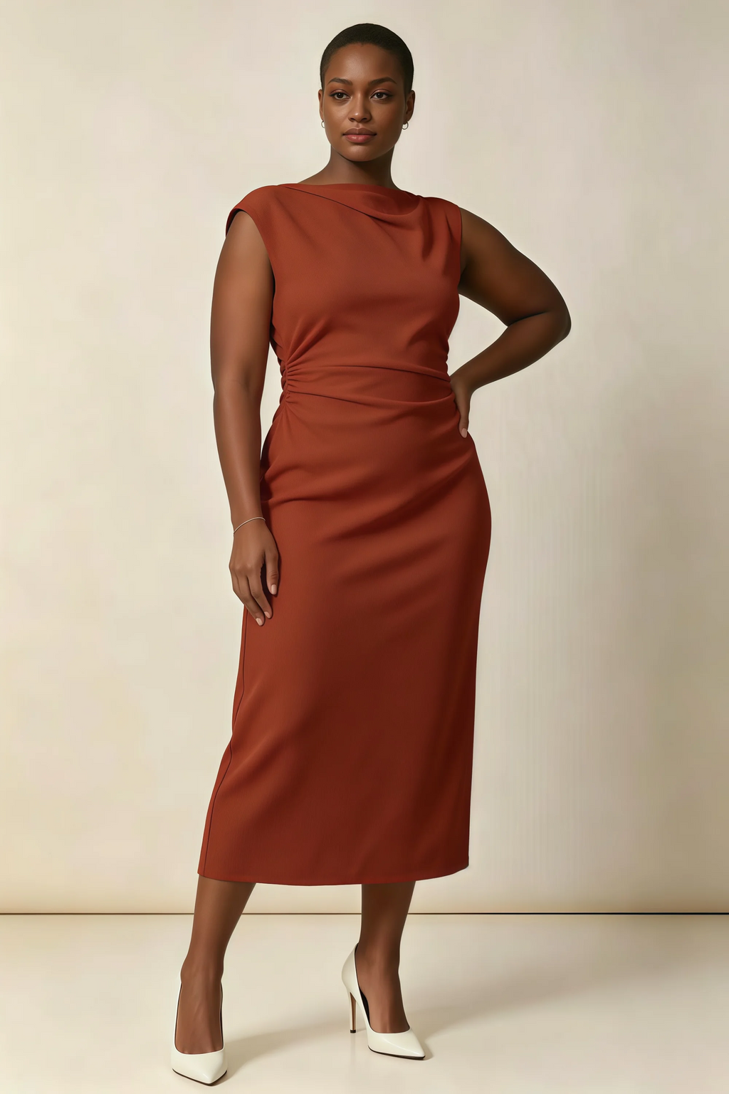 Anita Rust Draped Neck Cap Sleeve Midi Dress
