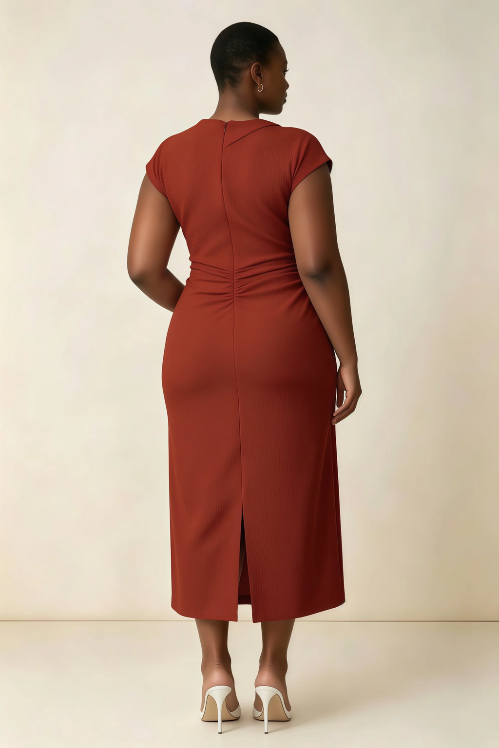 Anita Rust Draped Neck Cap Sleeve Midi Dress
