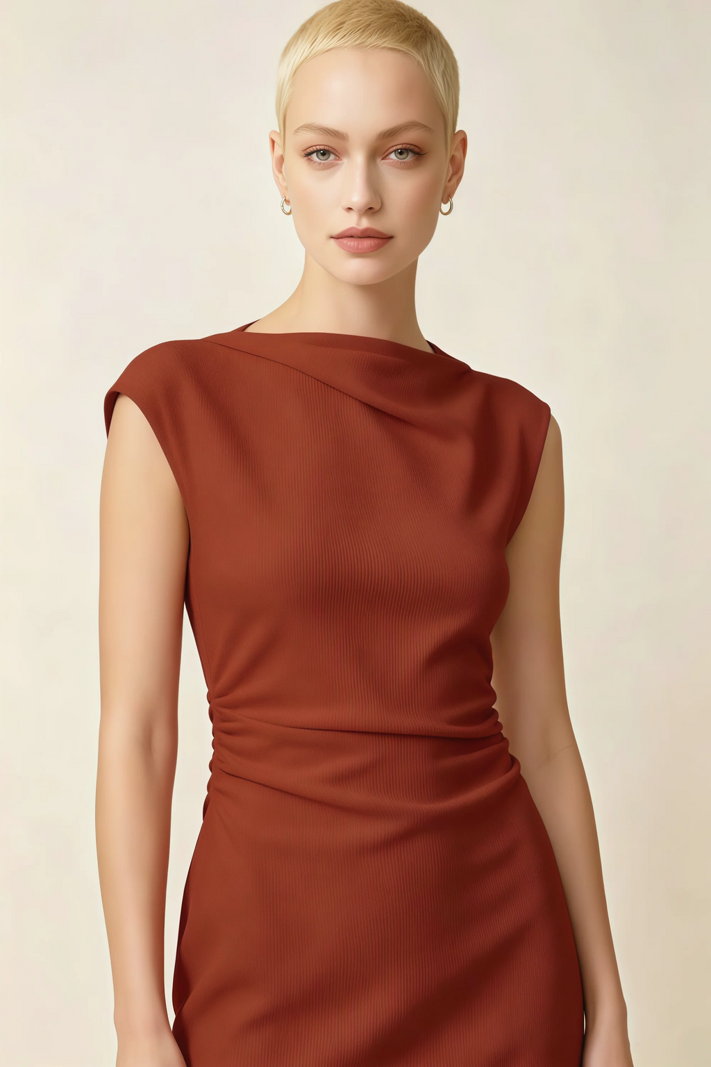 Anita Rust Draped Neck Cap Sleeve Midi Dress