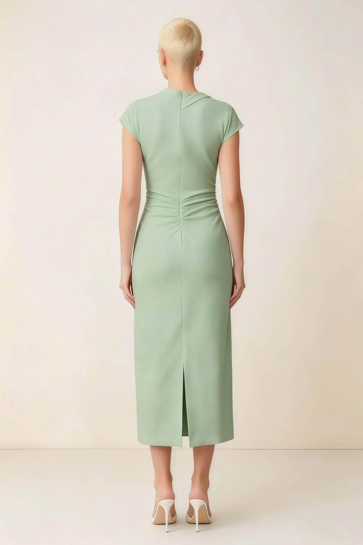 Anita Sage Green Draped Neck Cap Sleeve Midi Dress