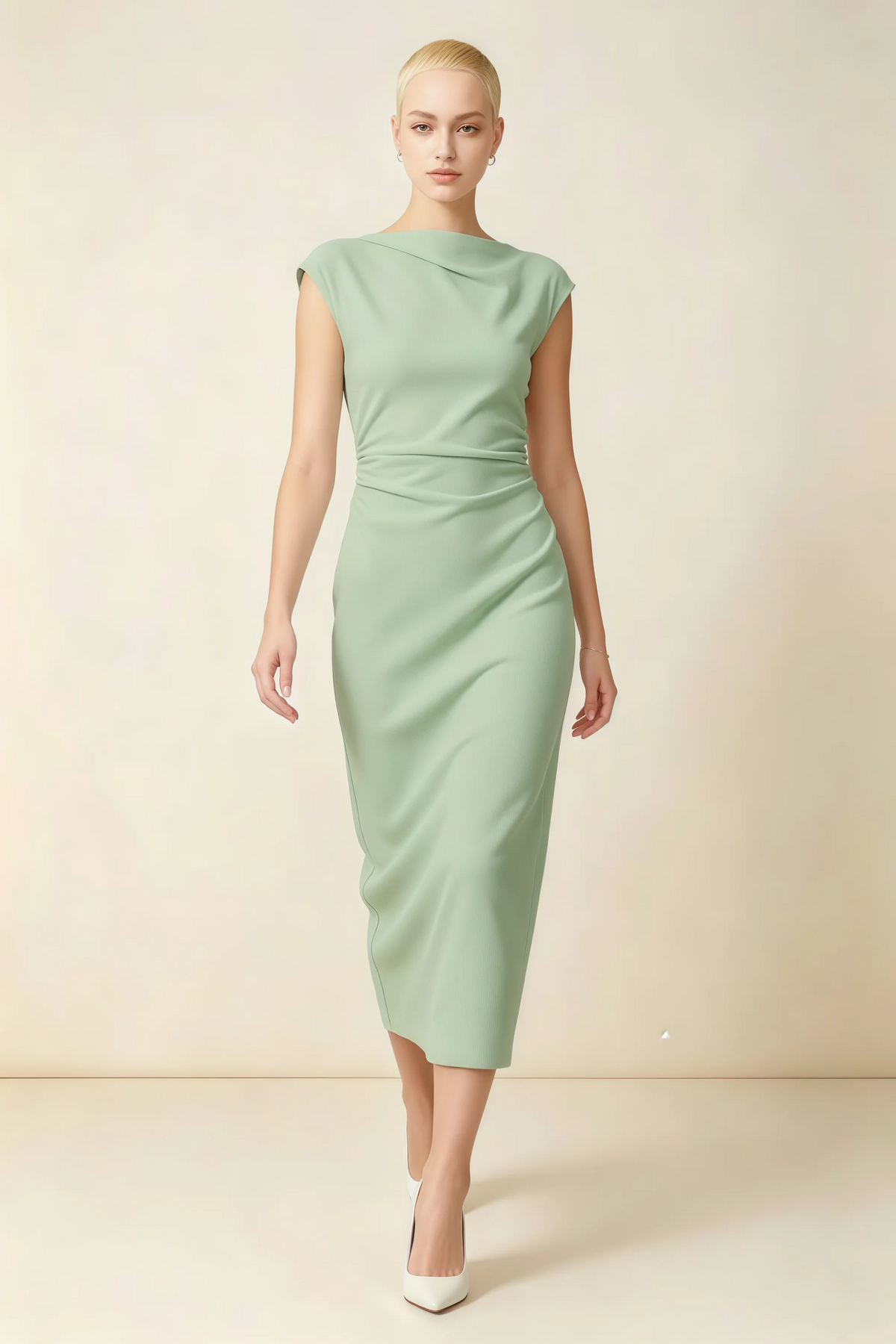 Anita Sage Green Draped Neck Cap Sleeve Midi Dress
