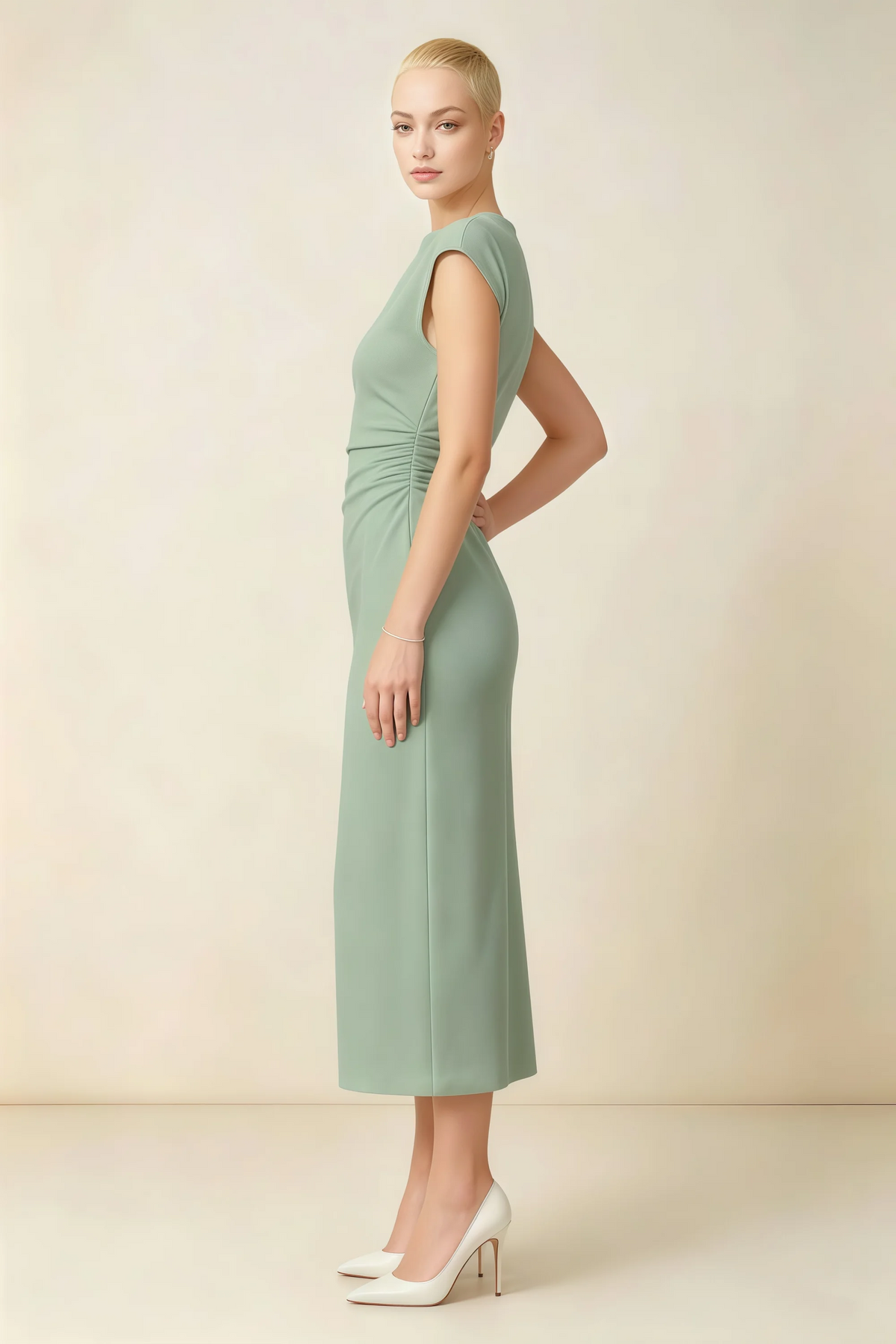 Anita Sage Green Draped Neck Cap Sleeve Midi Dress