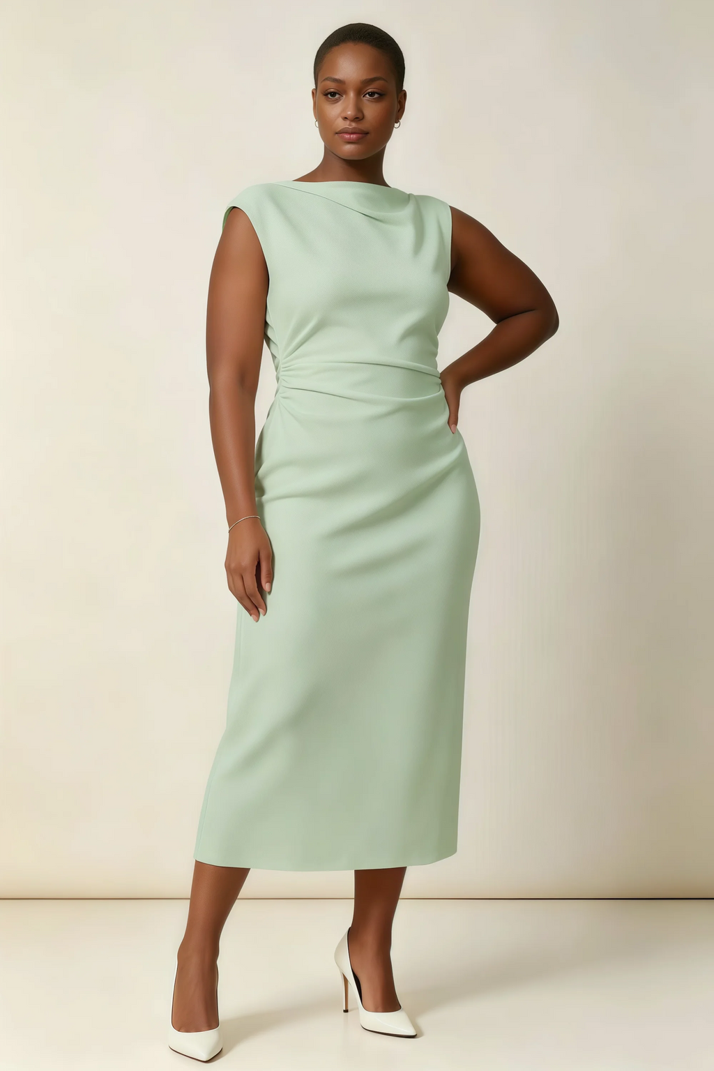 Anita Sage Green Draped Neck Cap Sleeve Midi Dress