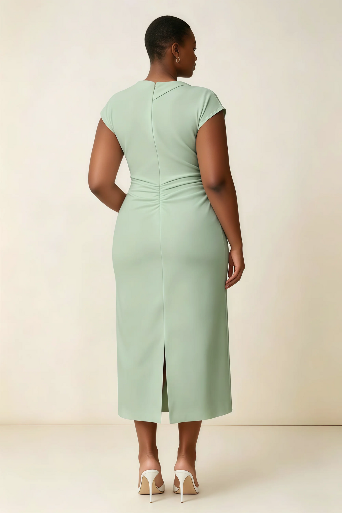 Anita Sage Green Draped Neck Cap Sleeve Midi Dress