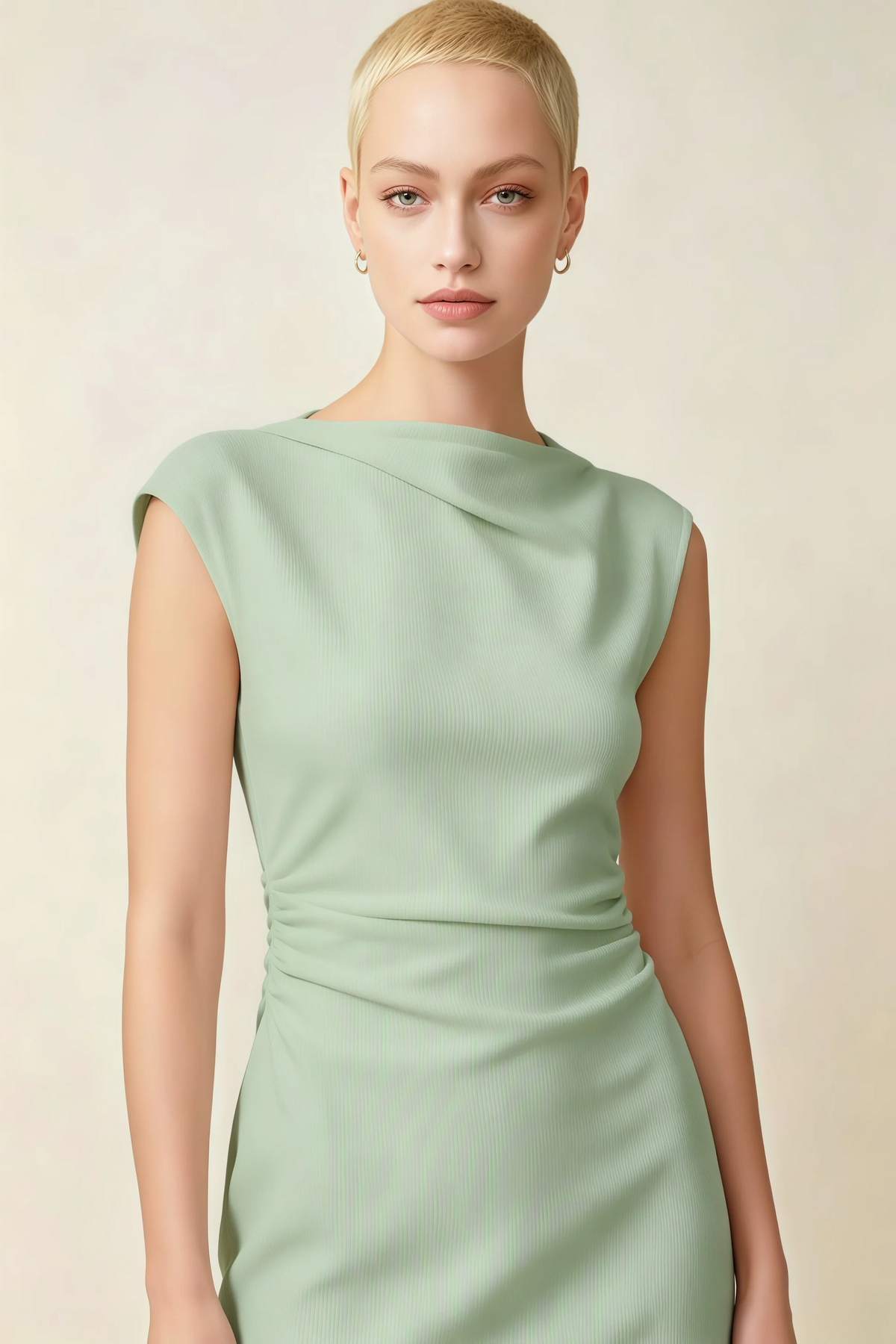 Anita Sage Green Draped Neck Cap Sleeve Midi Dress