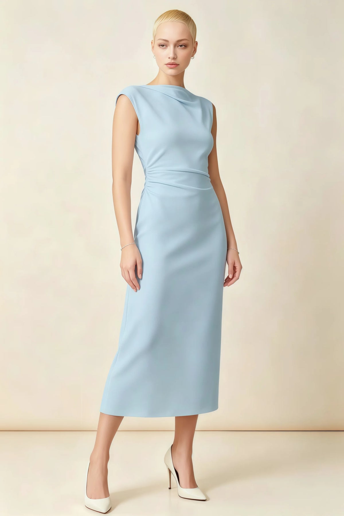 Anita Sky Blue Draped Neck Cap Sleeve Midi Dress