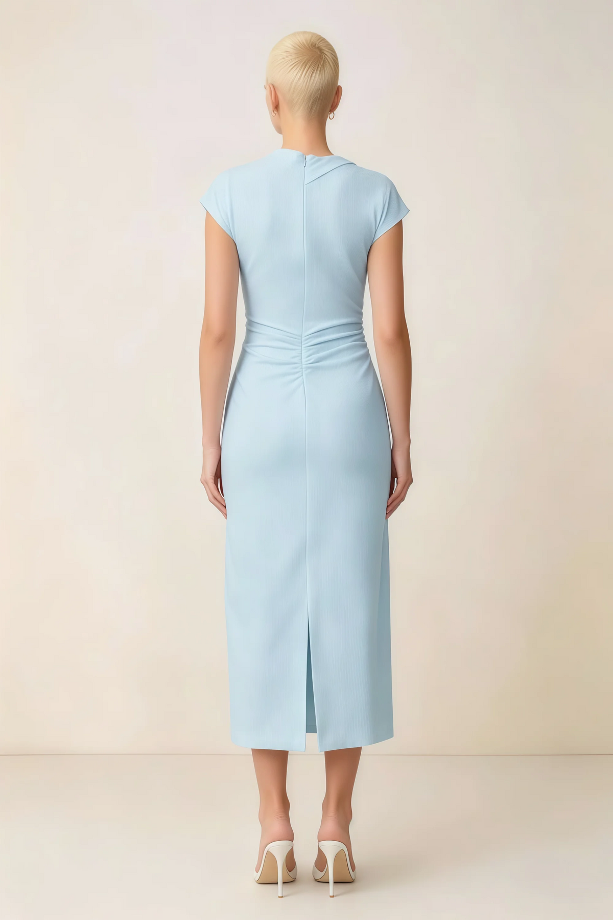 Anita Sky Blue Draped Neck Cap Sleeve Midi Dress