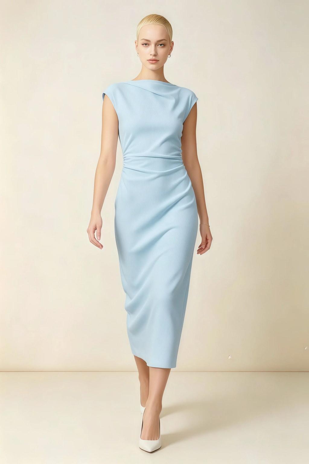 Anita Sky Blue Draped Neck Cap Sleeve Midi Dress