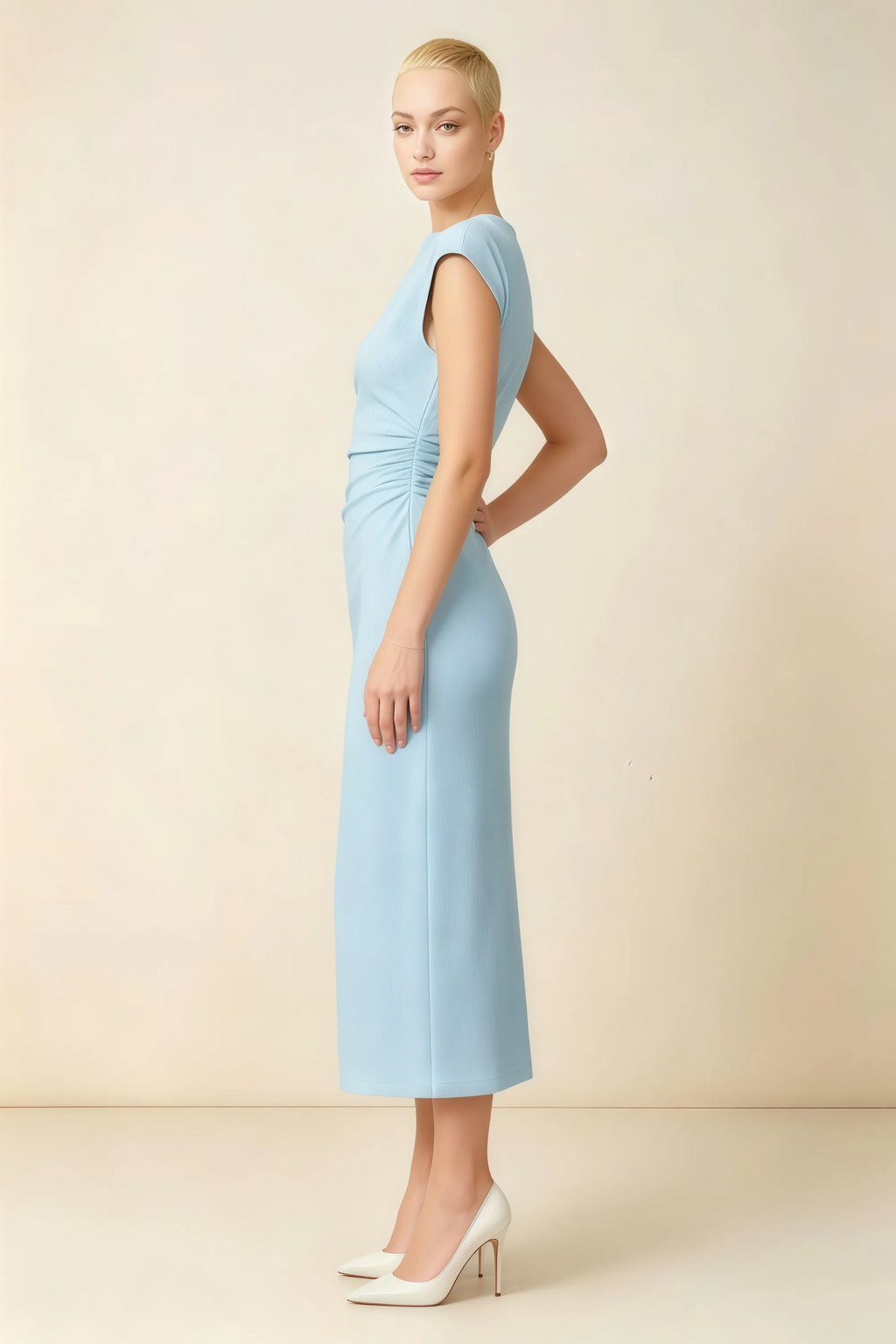 Anita Sky Blue Draped Neck Cap Sleeve Midi Dress