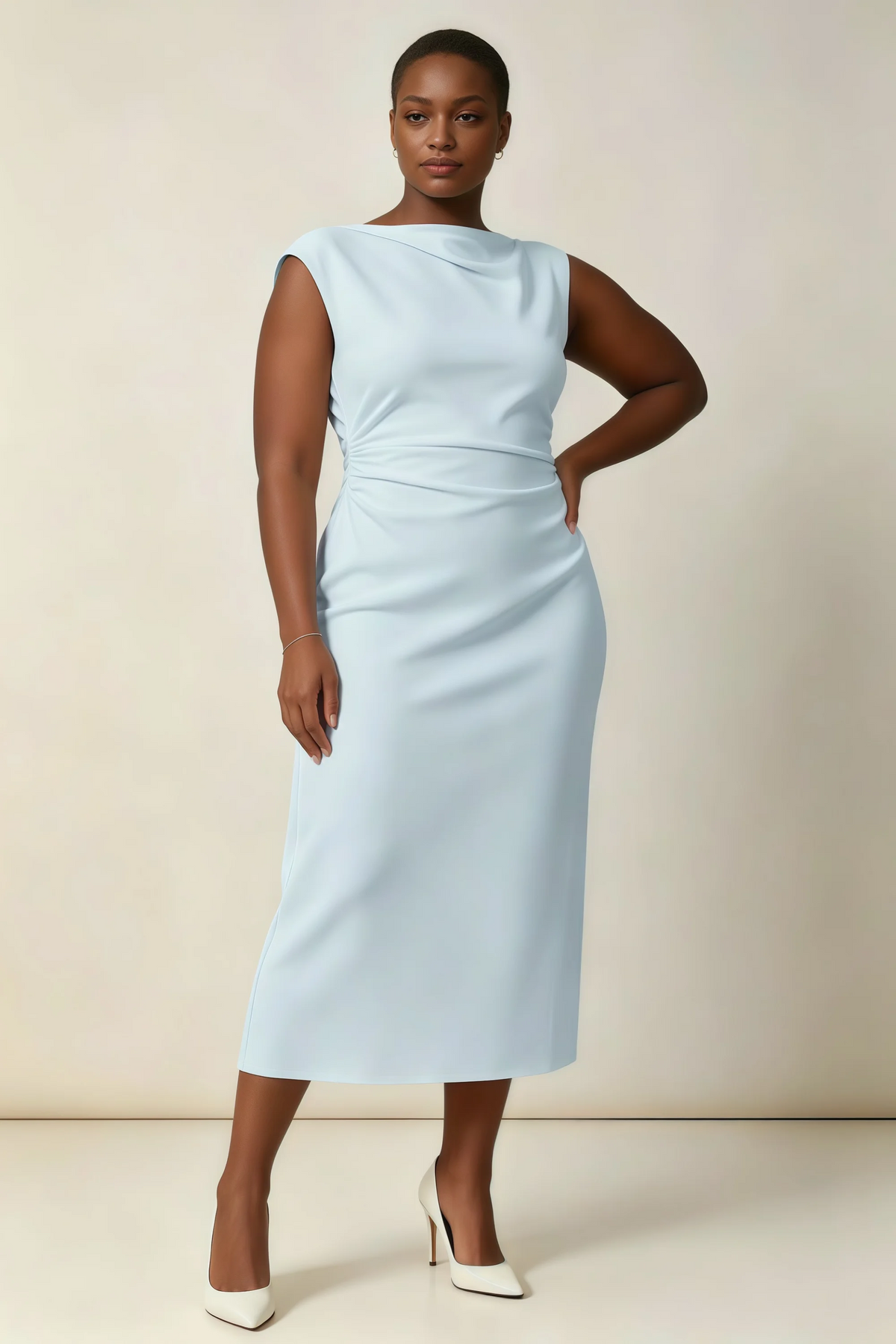 Anita Sky Blue Draped Neck Cap Sleeve Midi Dress