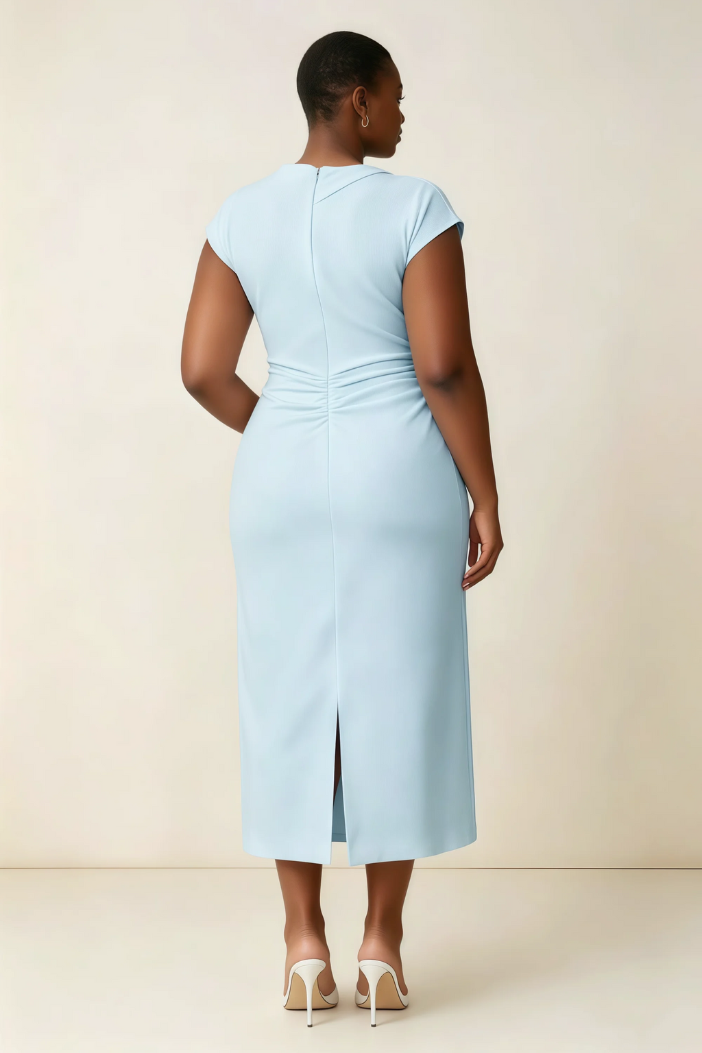 Anita Sky Blue Draped Neck Cap Sleeve Midi Dress