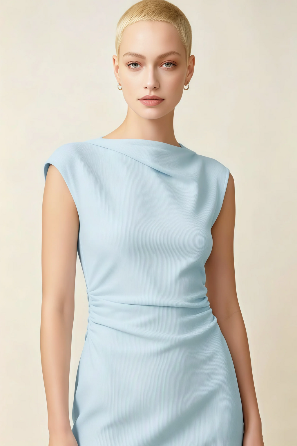 Anita Sky Blue Draped Neck Cap Sleeve Midi Dress