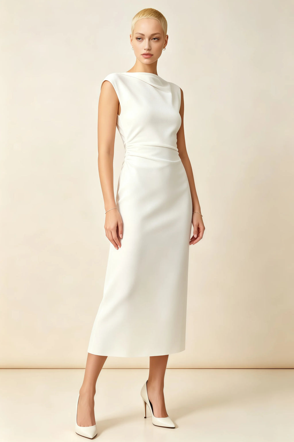 Vestido midi color blanco Anita con cuello drapeado y manga corta