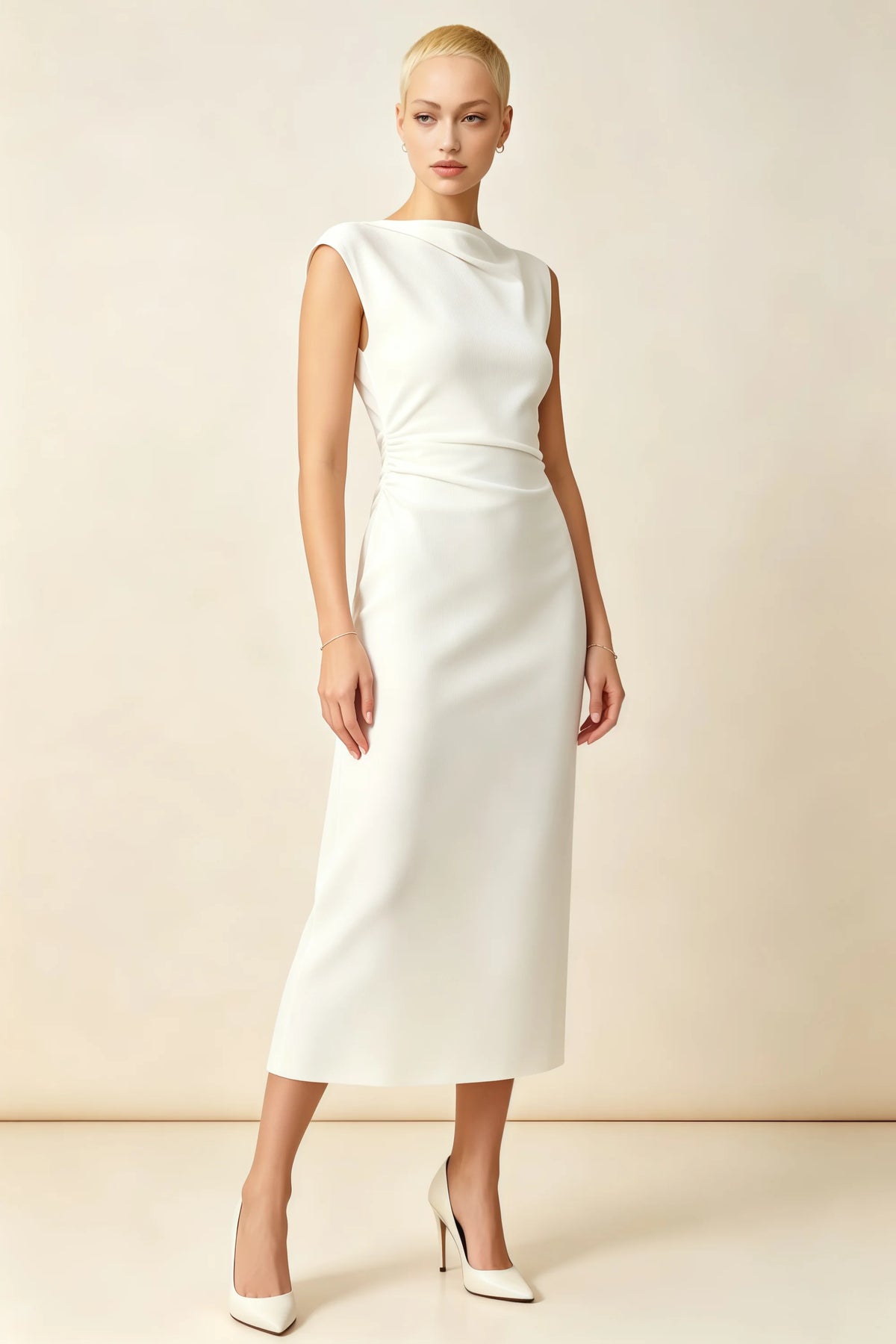 Vestido midi color blanco Anita con cuello drapeado y manga corta