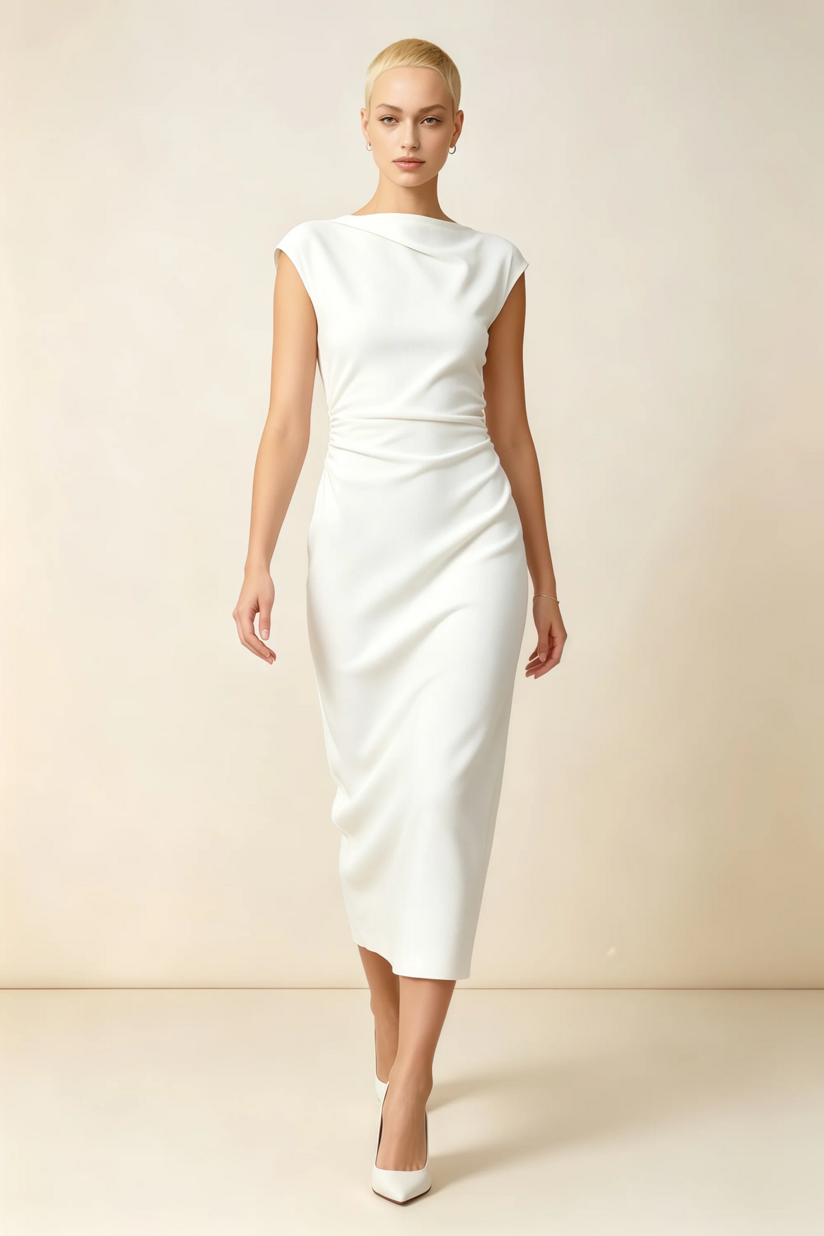 Vestido midi color blanco Anita con cuello drapeado y manga corta