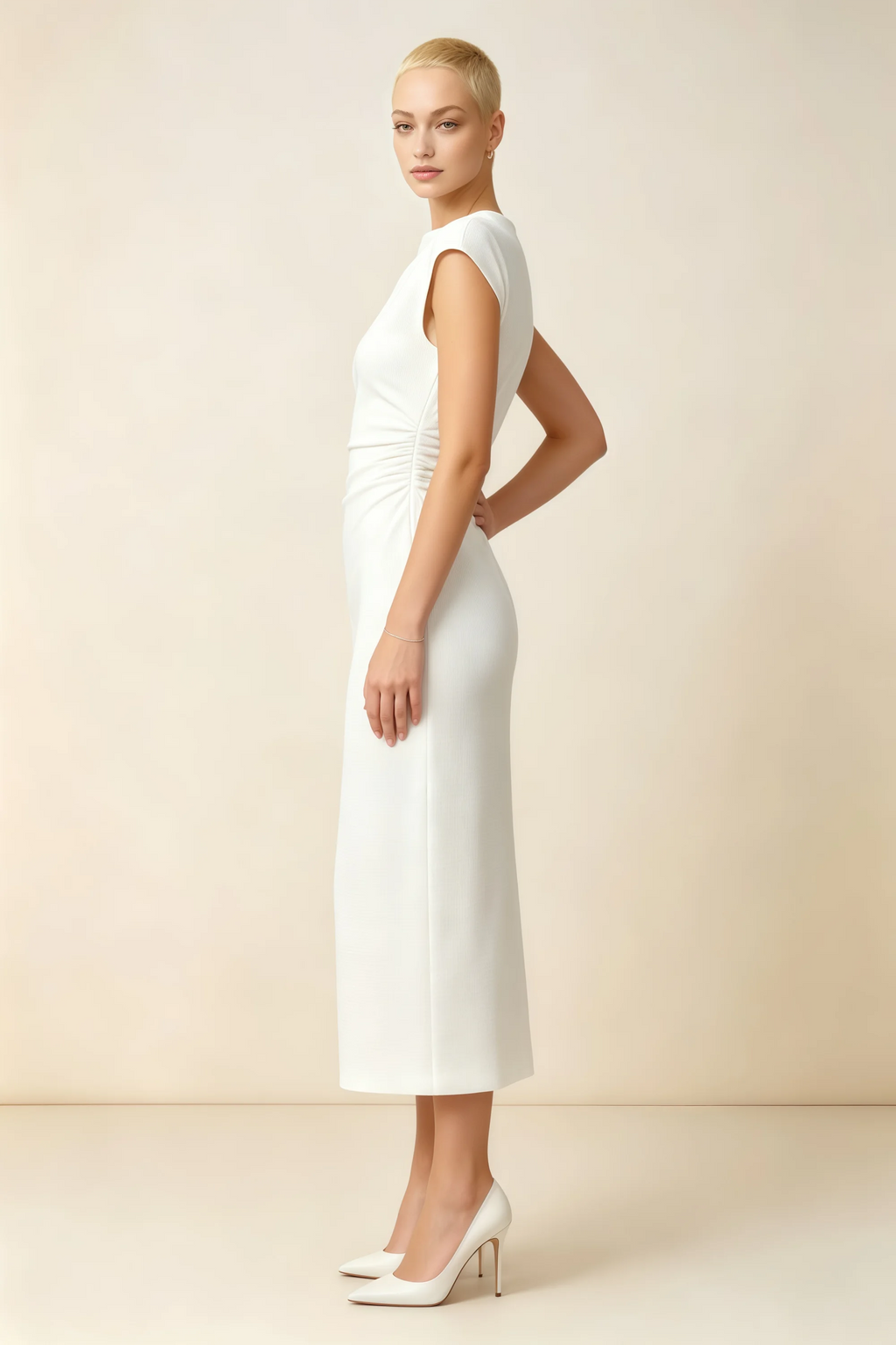 Vestido midi color blanco Anita con cuello drapeado y manga corta