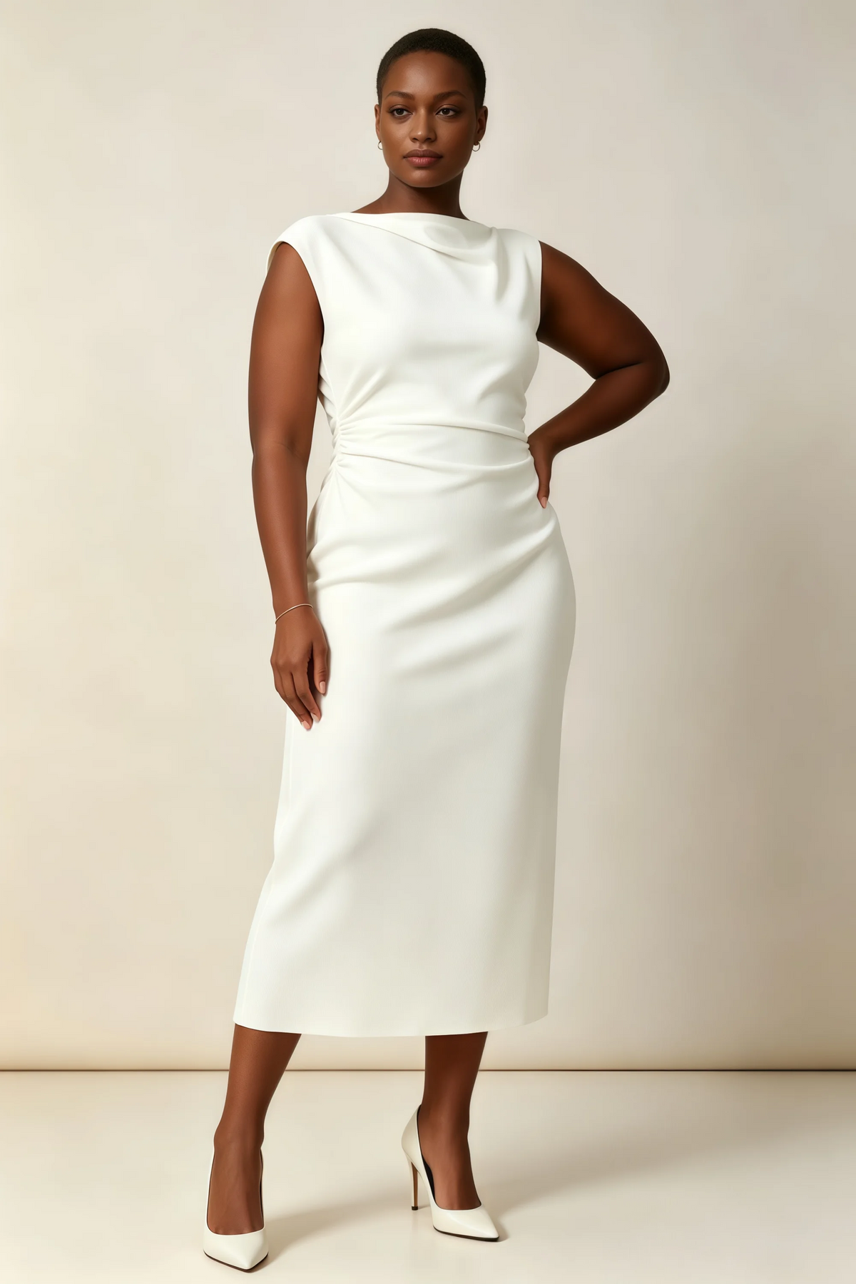 Vestido midi color blanco Anita con cuello drapeado y manga corta