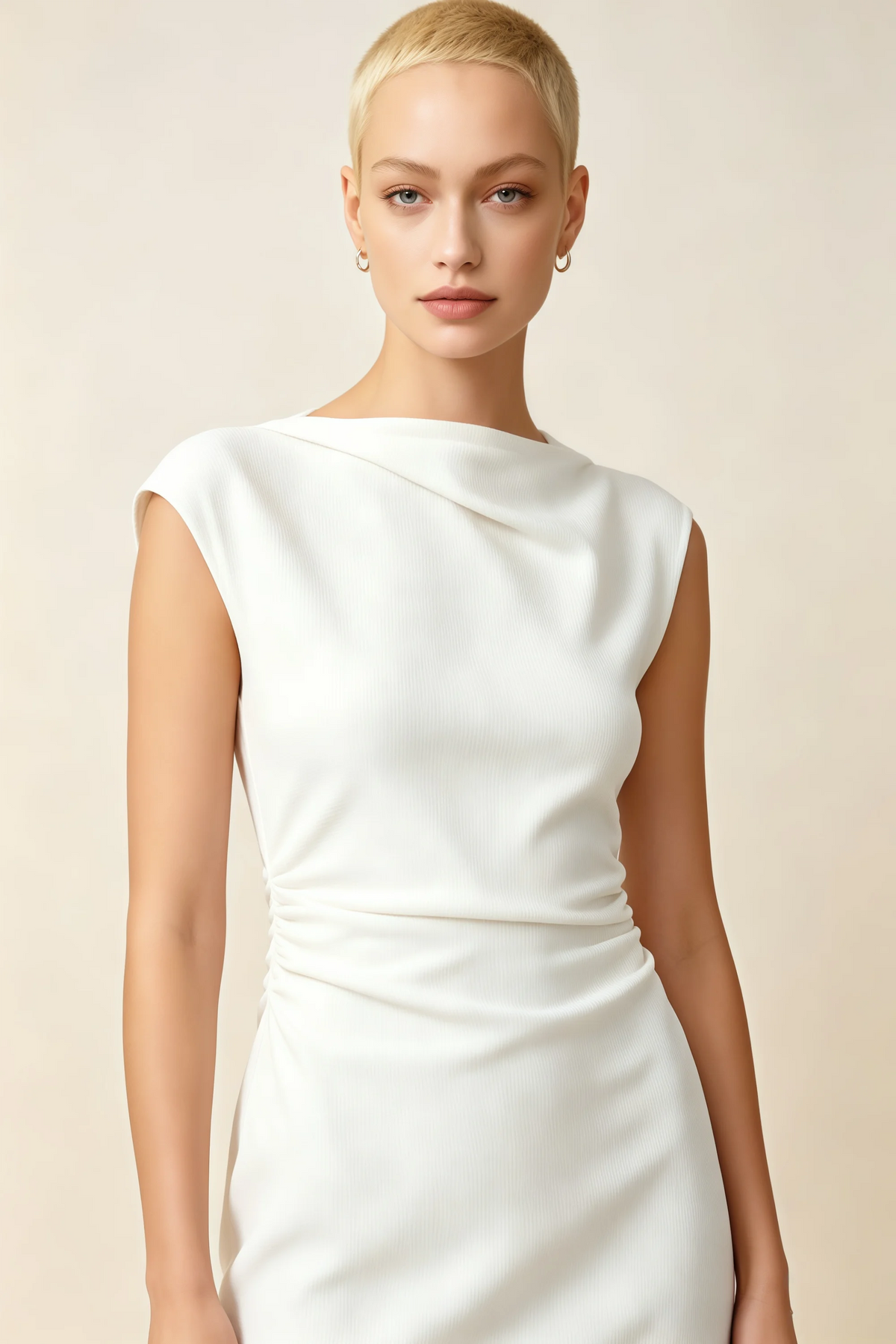 Vestido midi color blanco Anita con cuello drapeado y manga corta