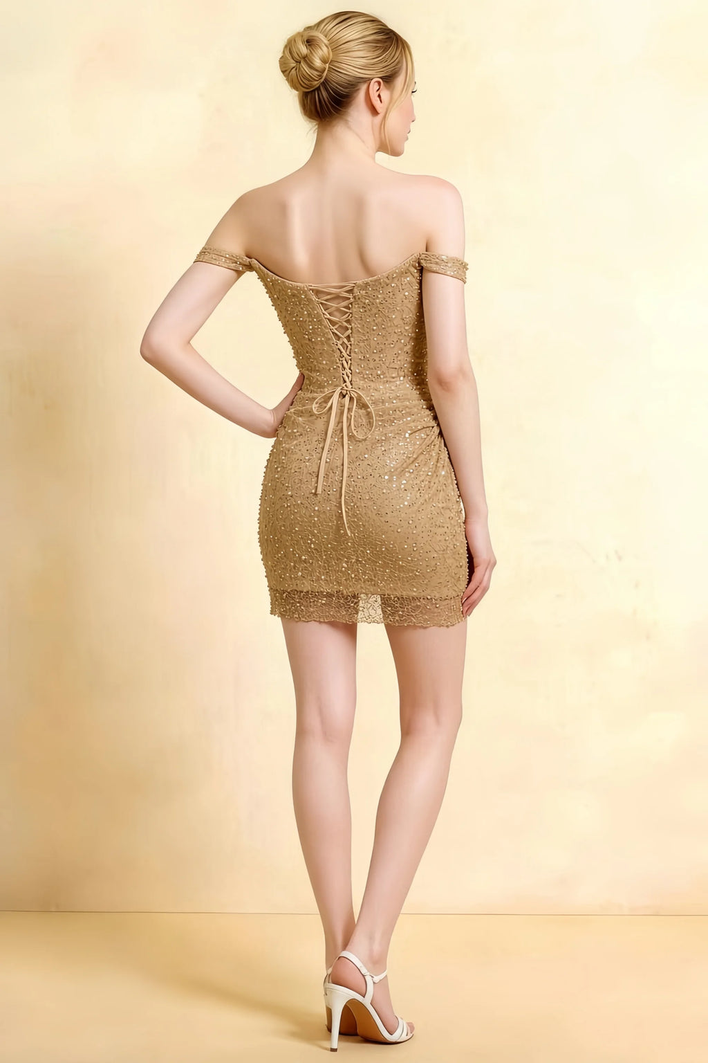 Anna Champagne Lace Sweetheart Neck Beaded Mini Dress