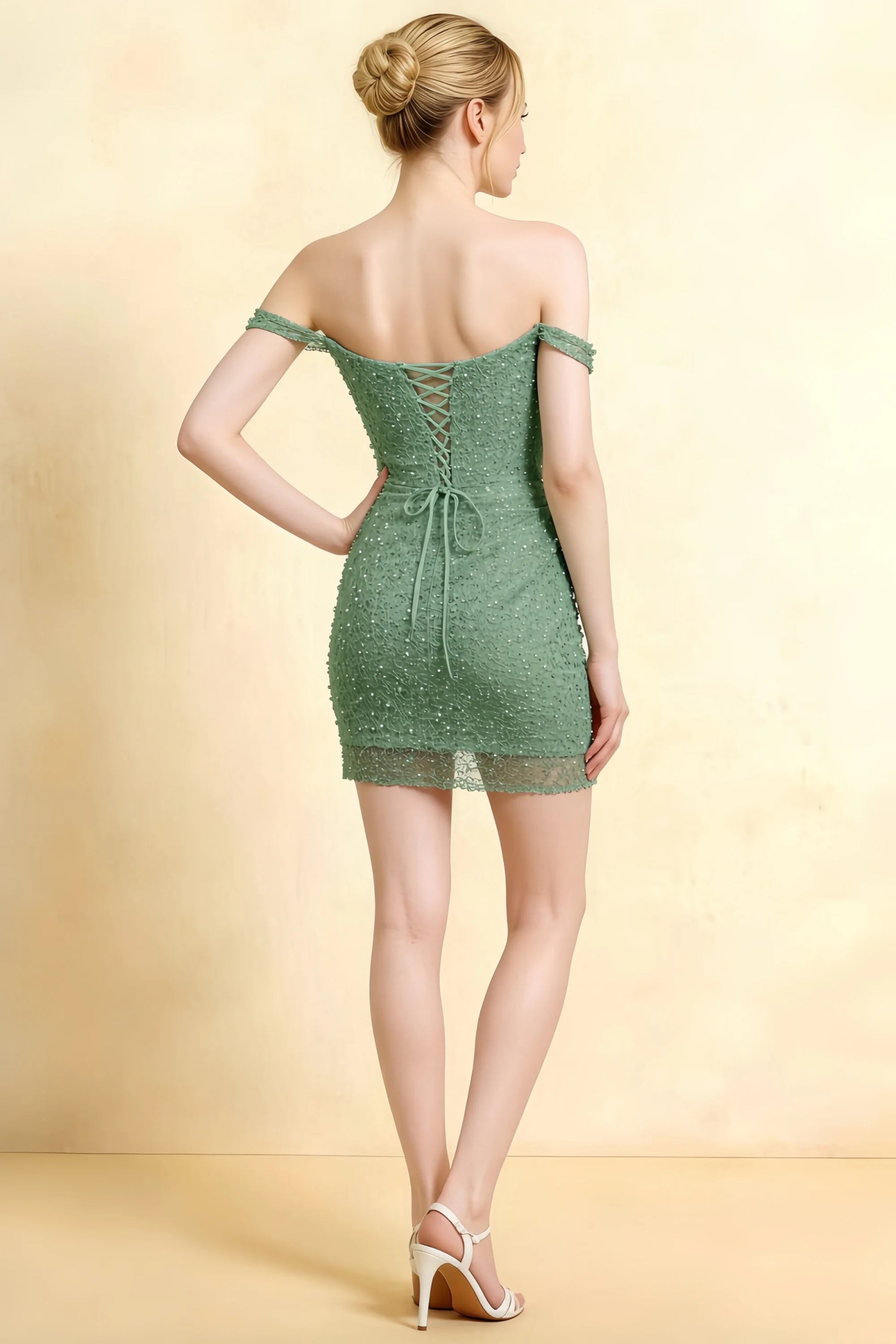 Anna Dusty Green Lace Sweetheart Neck Beaded Mini Dress