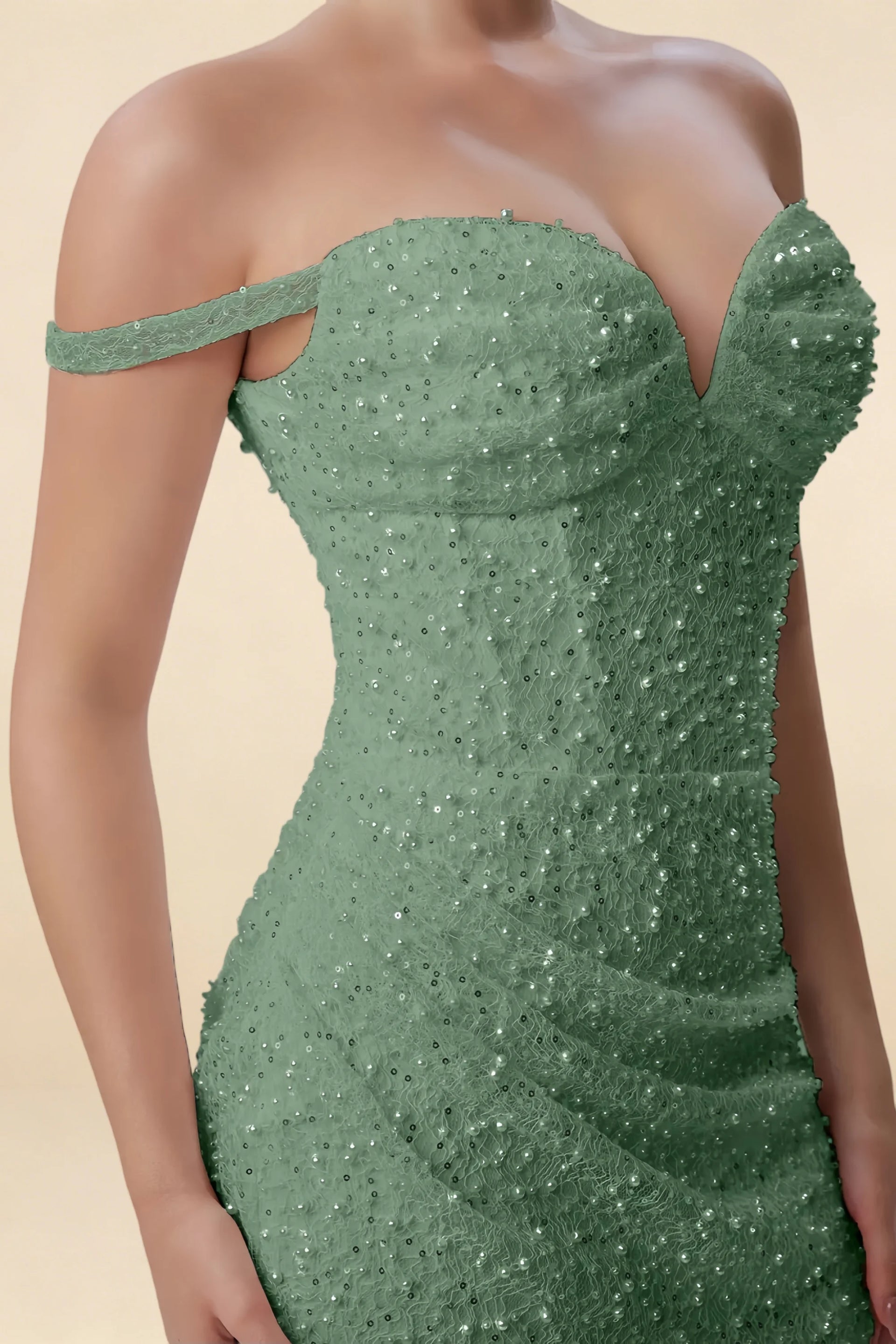 Anna Dusty Green Lace Sweetheart Neck Beaded Mini Dress